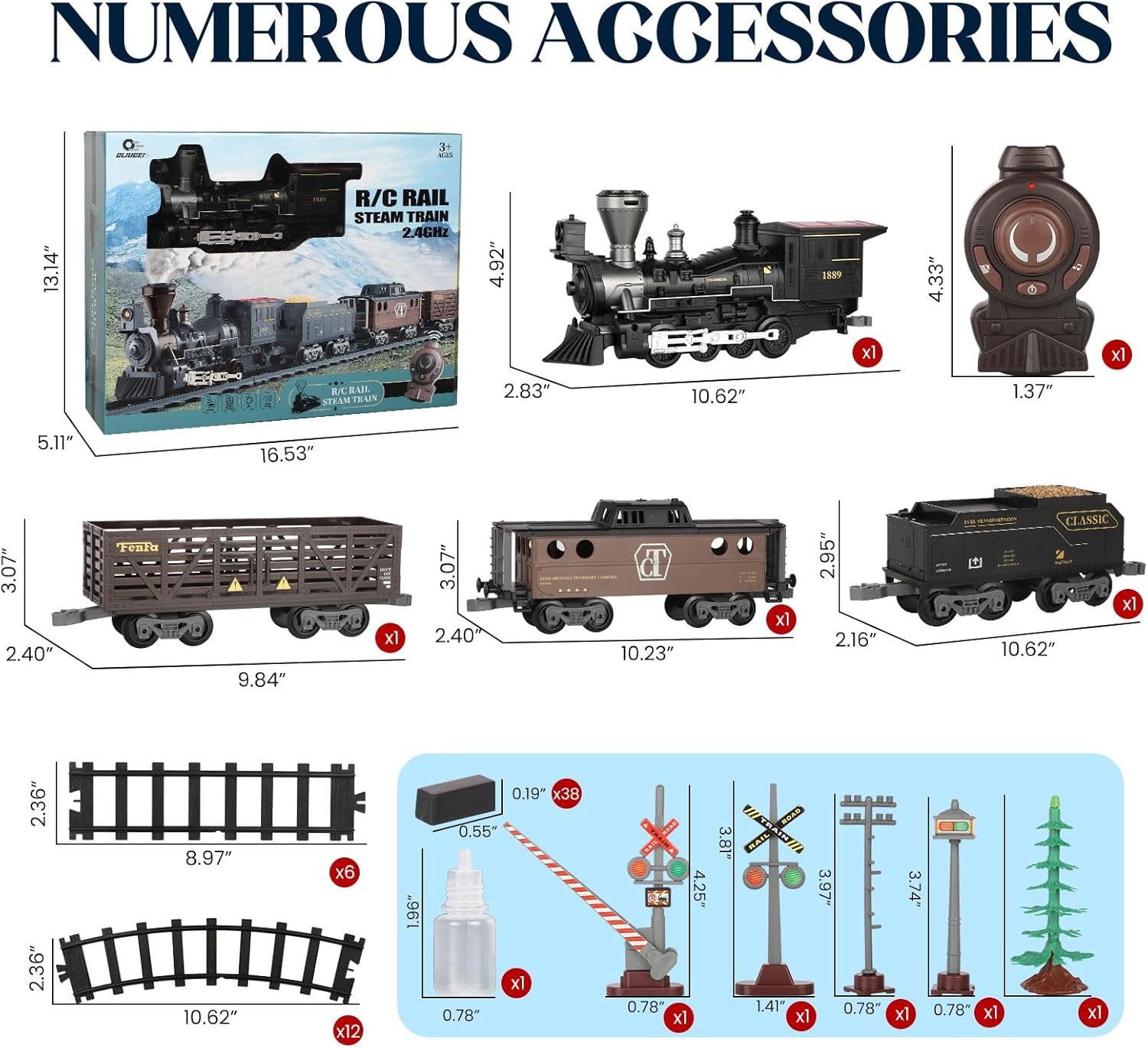 Electric Train Toys with Sound & Light Locomotive Engine Cargo Car & Tracks 3 Carriages Steam 950mm