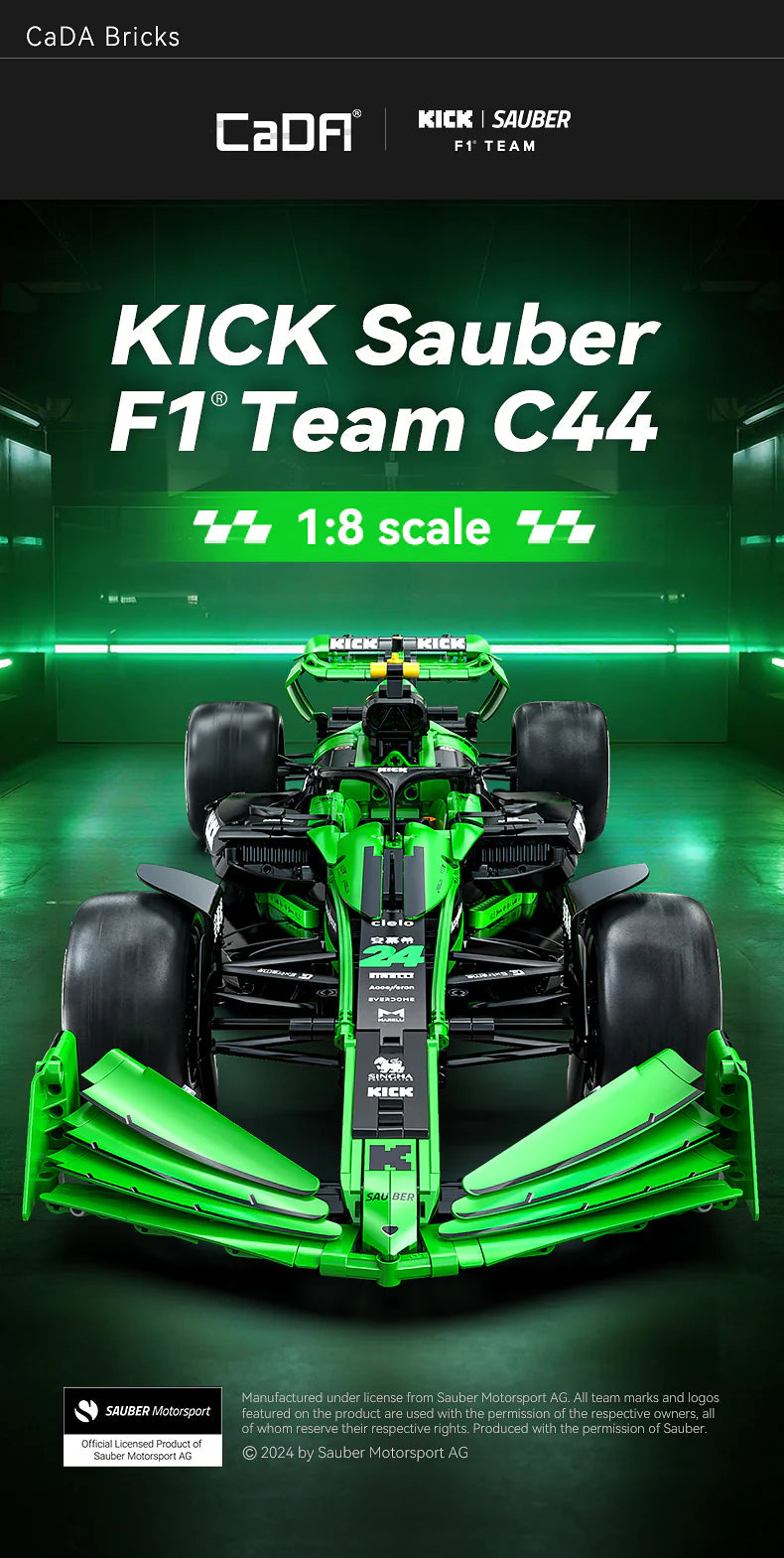 CADA 2553pcs KlCK Sauber F1 Team C44 2024 C64010W for Children Adult