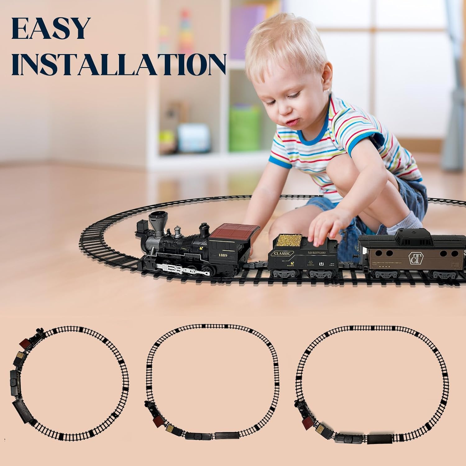 Electric Train Toys with Sound & Light Locomotive Engine Cargo Car & Tracks 3 Carriages Steam 950mm