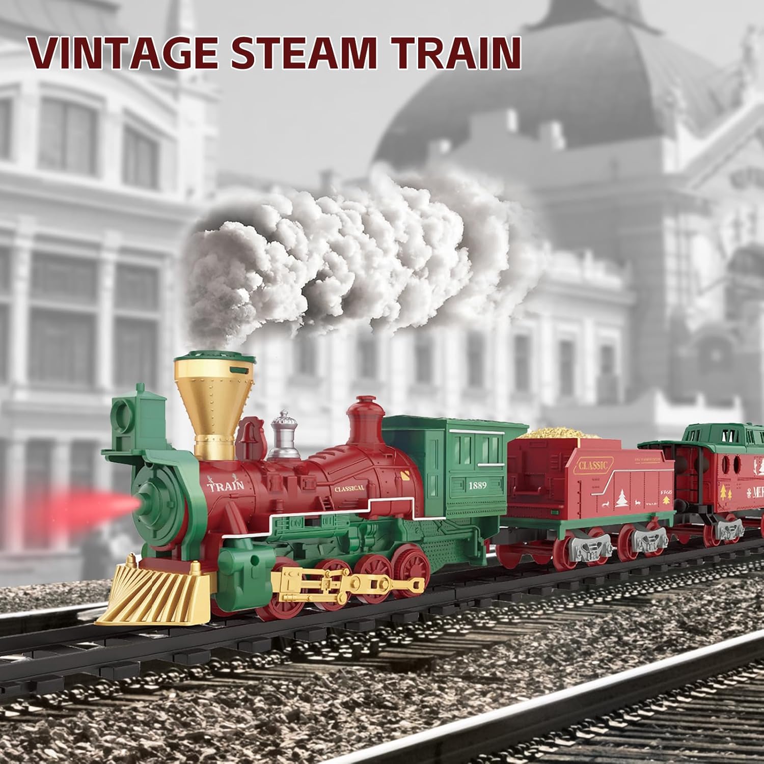 Christmas Electric Train Toys with Sound & Light Locomotive Engine Cargo Car & Tracks 3 Carriages Steam 950MM