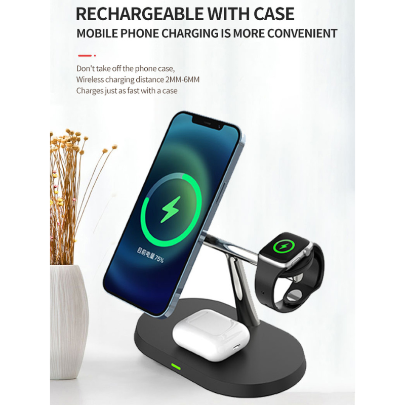 3 in 1 Magnetic Wireless Charger Stand Charging Dock Station for iPhone Apple Watch Airpods White +20W Dual Port USB Fast Charger