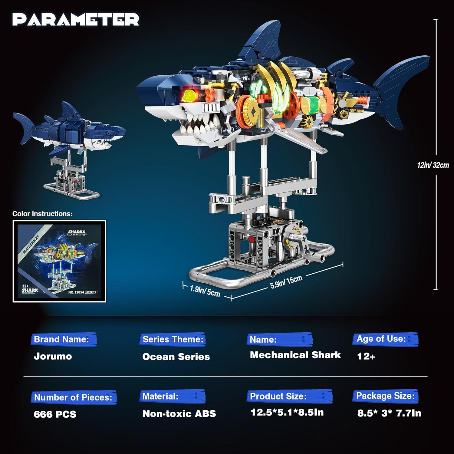 666PCS Shark Building Block Set for Boy 8-12, Ideas Sea Animal Building Blocks Toys with Lighting and Rotatable Link Components STEAM