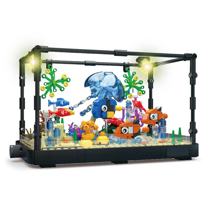 725PCS Jorumo Fish Tank Building Block Lighting Aquarium Sets for Adults and Kids Including Ocean Jellyfish Dolphin Turtle Crab Animal Building Toys