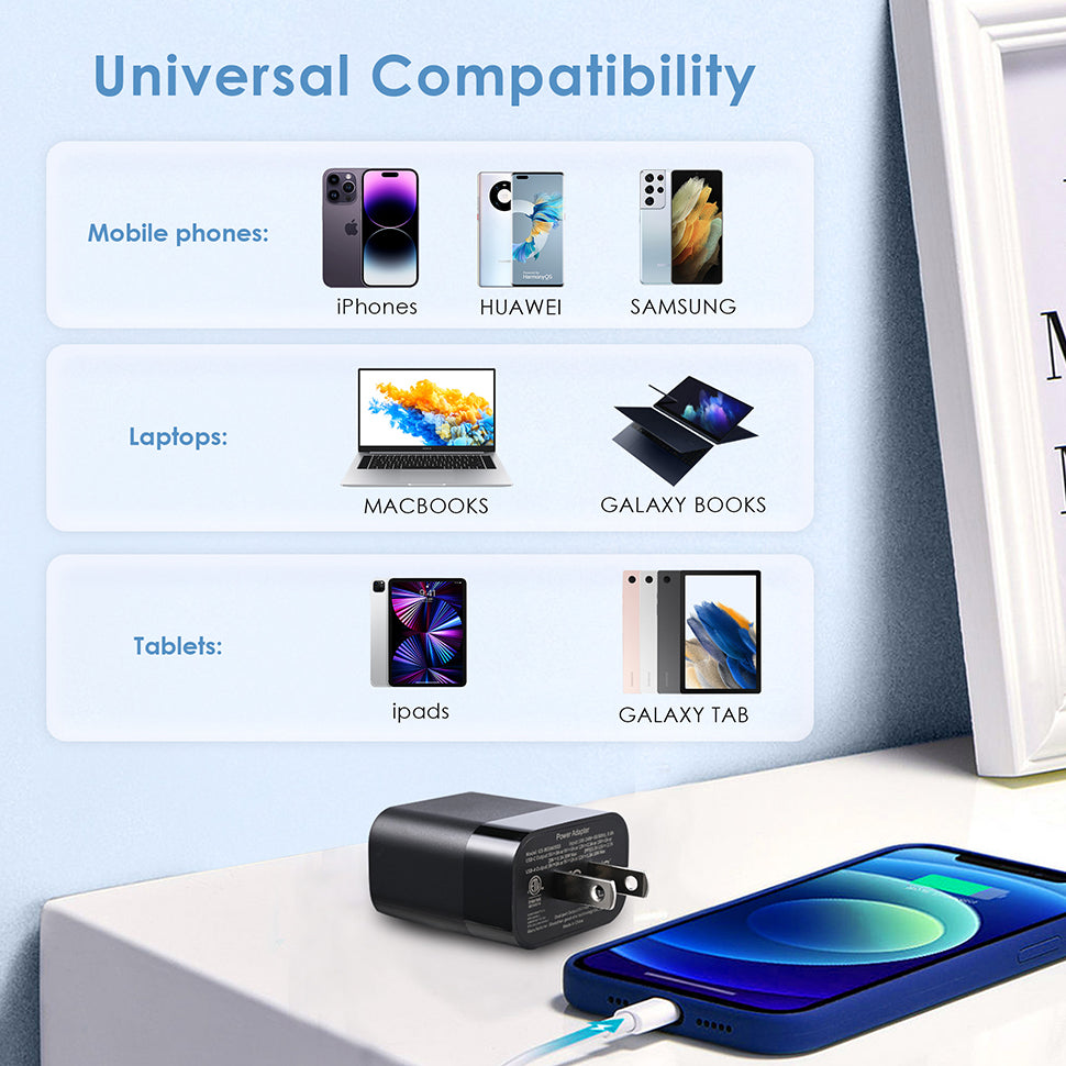 2 x 30W Dual Port USB Fast Charger USB-C & USB-A Power Adapter PD QC 3.0 Wall Charger BLACK