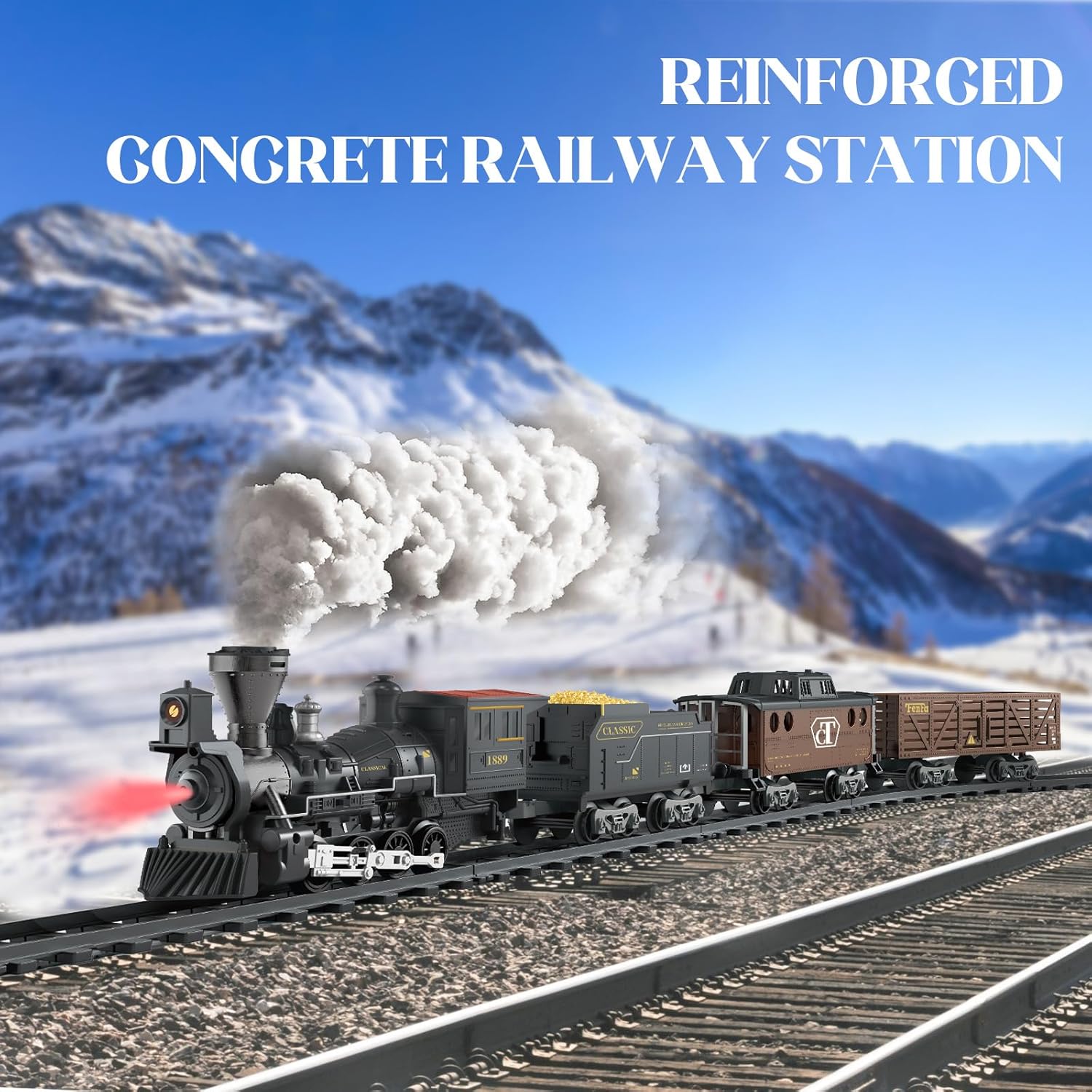 Electric Train Toys with Sound & Light Locomotive Engine Cargo Car & Tracks 3 Carriages Steam 950mm