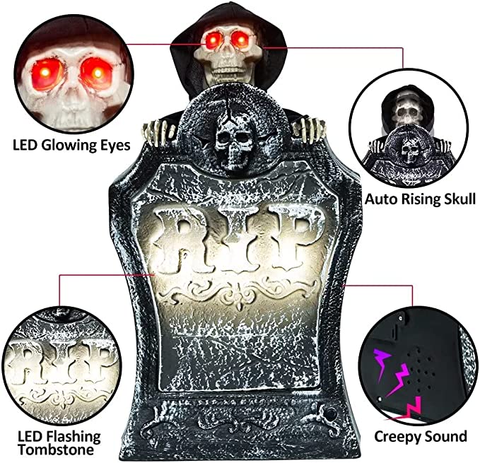 Halloween Decorations Resin RIP Graveyard Tombstone with LED Lights Animated Movable Skeleton Skull with Glowing Eyes & Voice Activation Outdoor Decor Party Book Week Costume