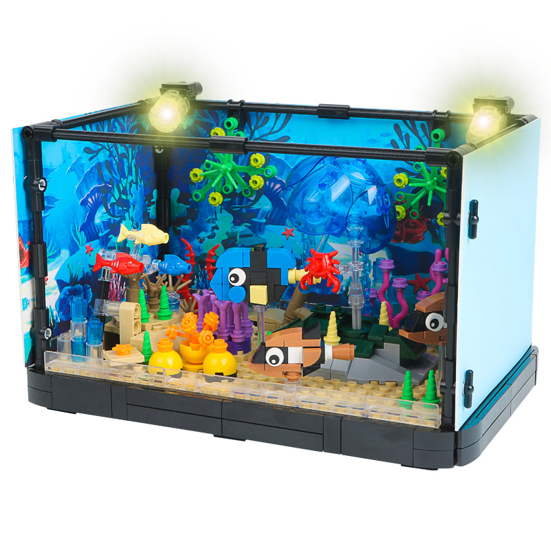 725PCS Jorumo Fish Tank Building Block Lighting Aquarium Sets for Adults and Kids Including Ocean Jellyfish Dolphin Turtle Crab Animal Building Toys