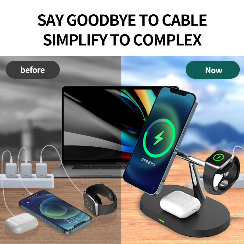 3 in 1 Magnetic Wireless Charger Stand Charging Dock Station for iPhone Apple Watch Airpods Black +20W Dual Port USB Fast Charger