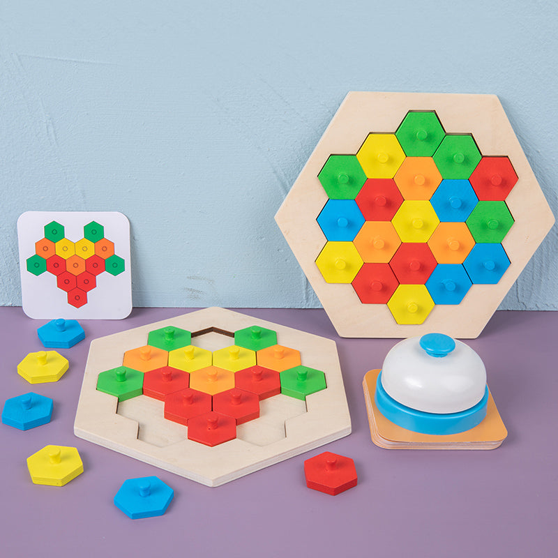 Colorful Puzzle Building Blocks IQ Game Child Interactive Wooden Color Matching Table Game Hexagon Honeycomb Shape Puzzle Challenge Games Toys For Kids