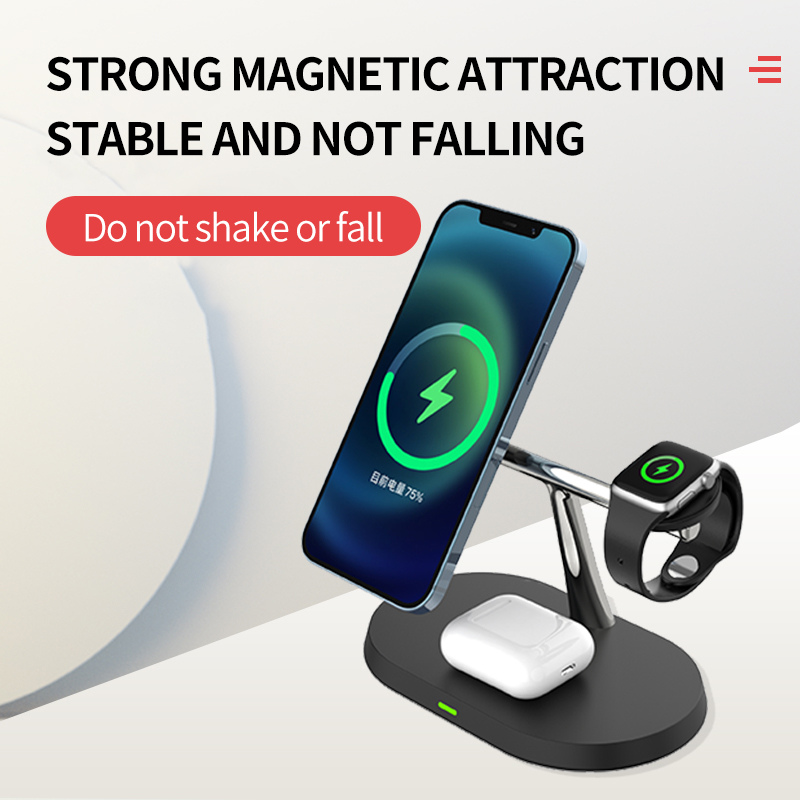 3 in 1 Magnetic Wireless Charger Stand Charging Dock Station for iPhone Apple Watch Airpods Black +20W Dual Port USB Fast Charger