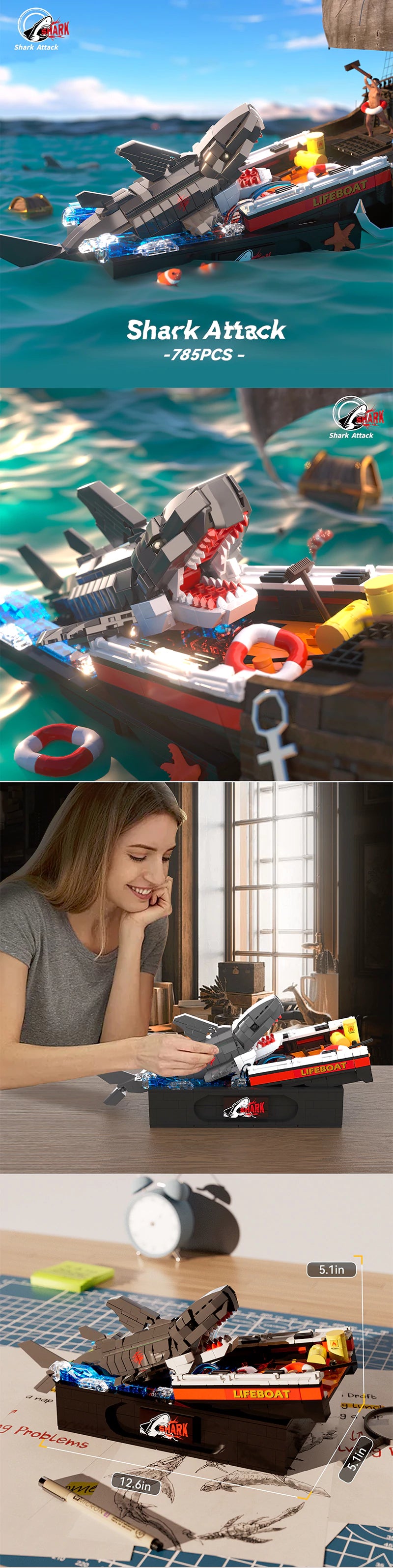 785PCS Great White Shark Attack Scene Building Blocks Educational Toy for Kids WGC