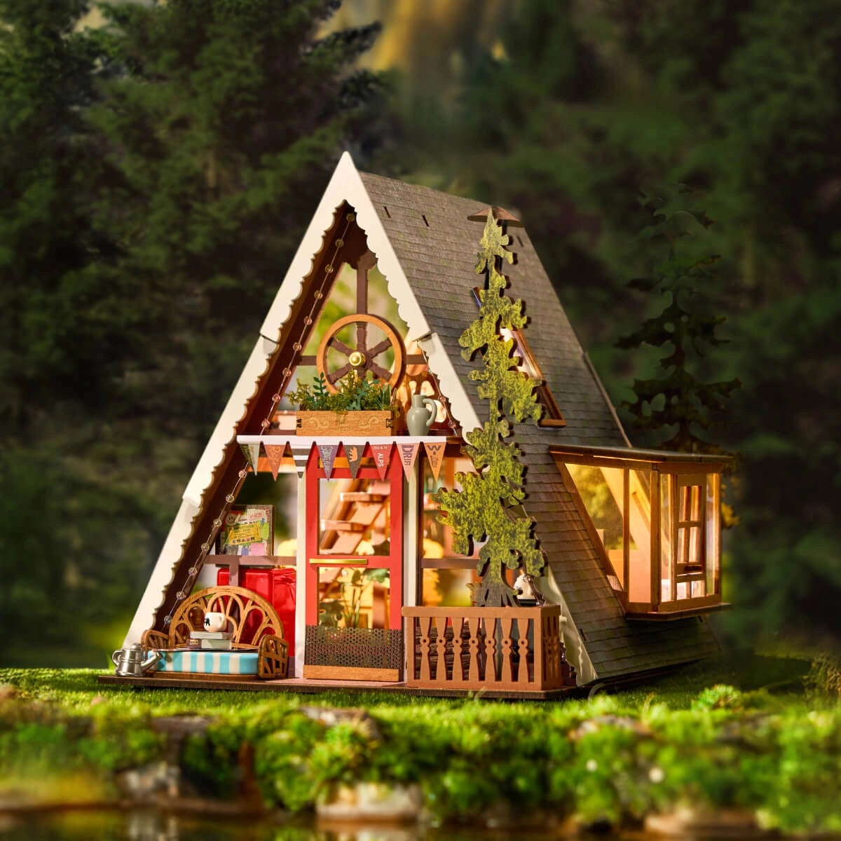 Rolife DIY Miniature House - A-Frame Cabin DG181｜3D Wooden Puzzle with LED Lights for Adults  SEO-Optimized Description: