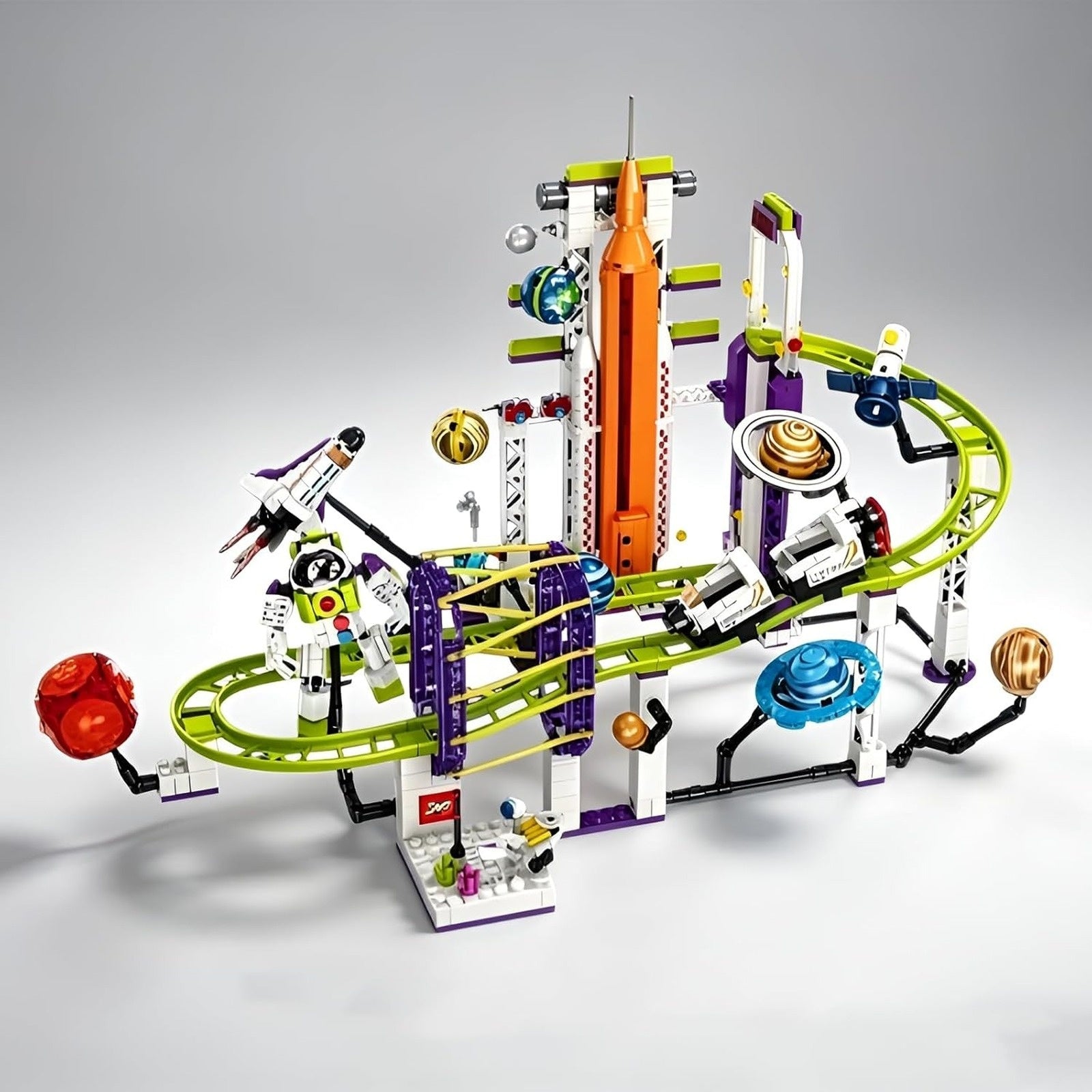 Orbital Adventure Space Roller Coaster Building Block Set completed model on white background