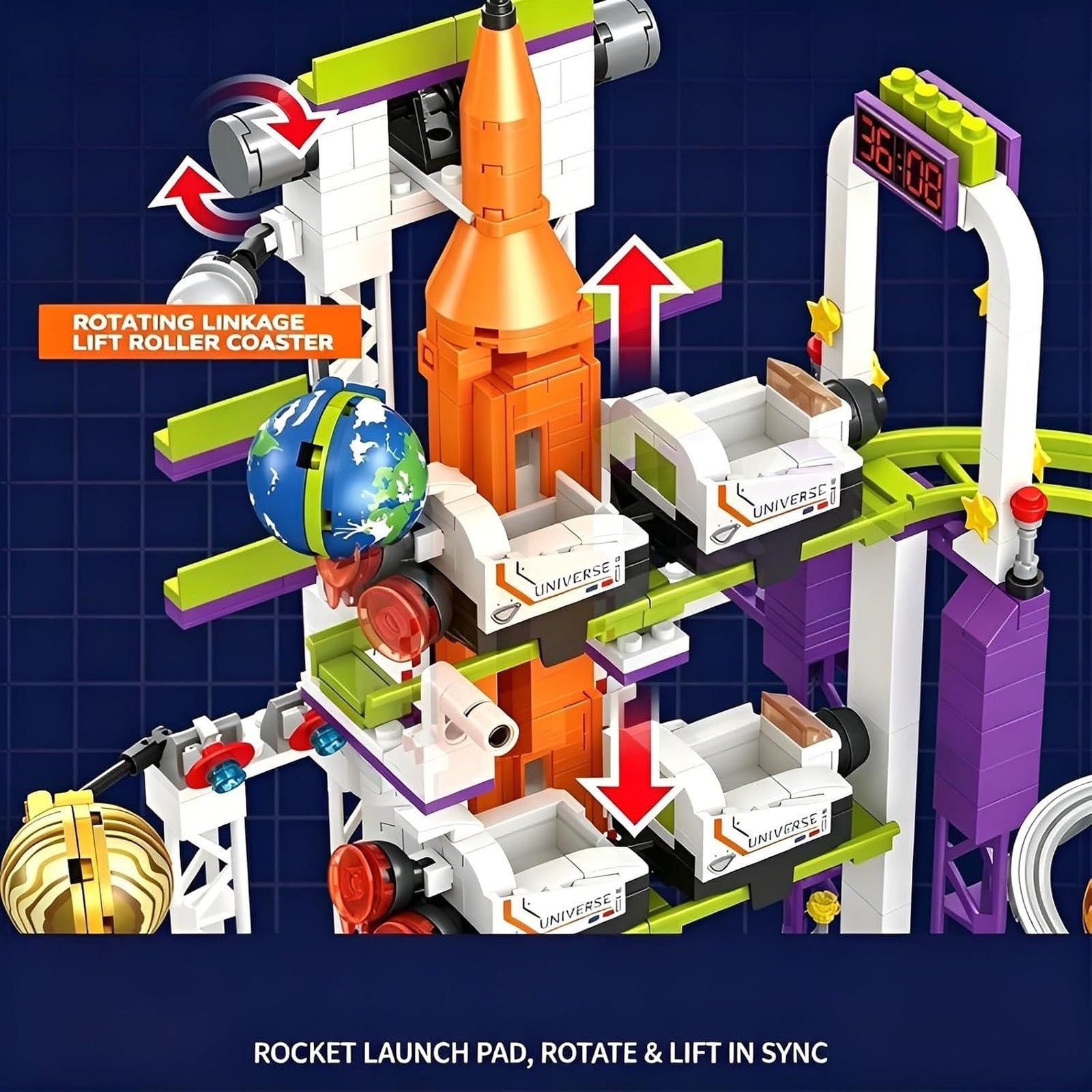 Orbital Adventure Space Roller Coaster manual rotating linkage lift feature
