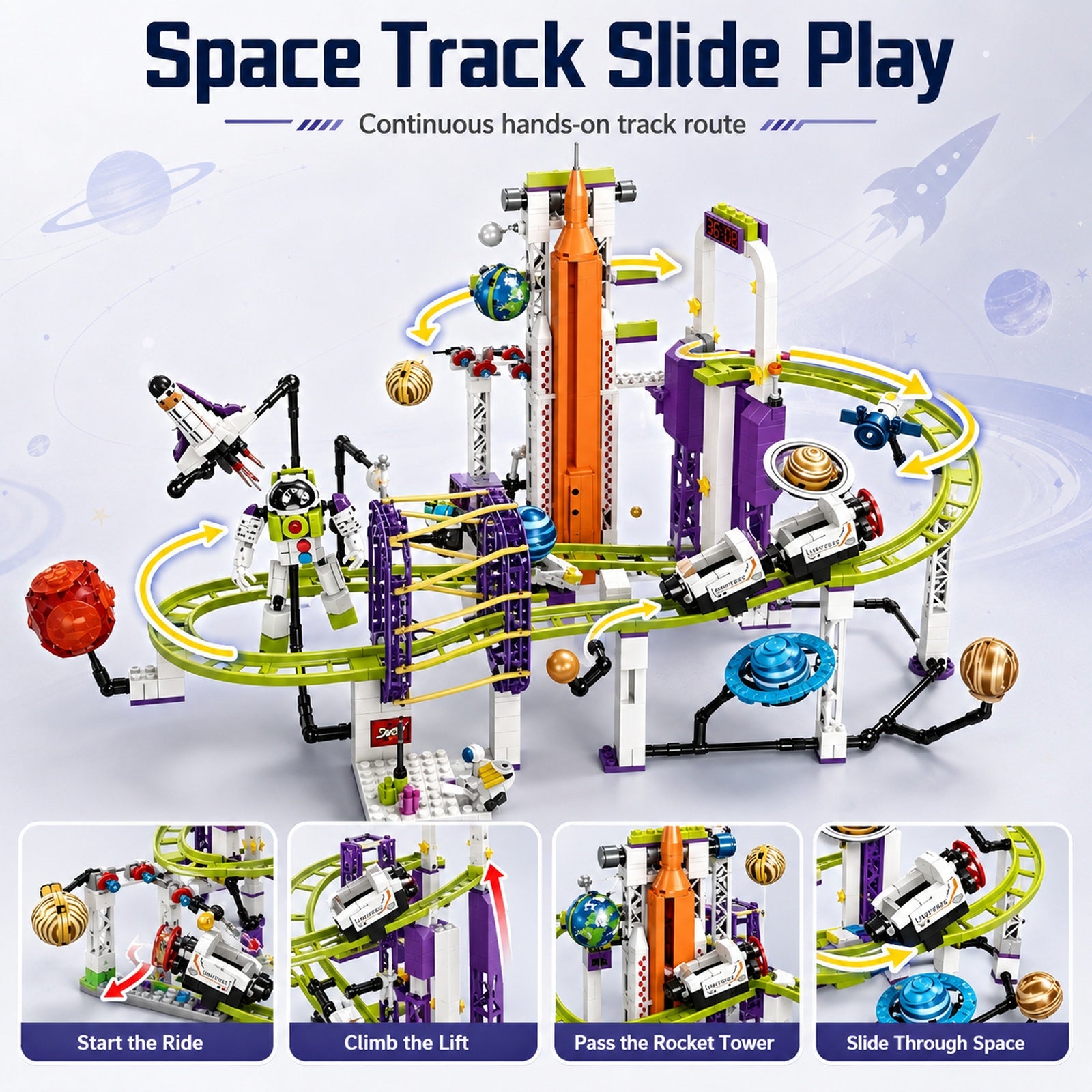 Orbital Adventure Space Roller Coaster continuous hands-on track slide play route