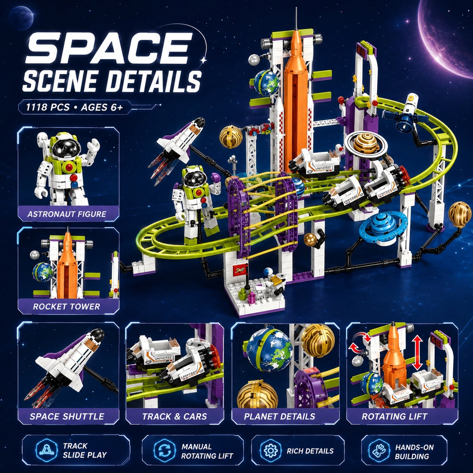Orbital Adventure Space Roller Coaster rocket tower astronaut shuttle planet and track details