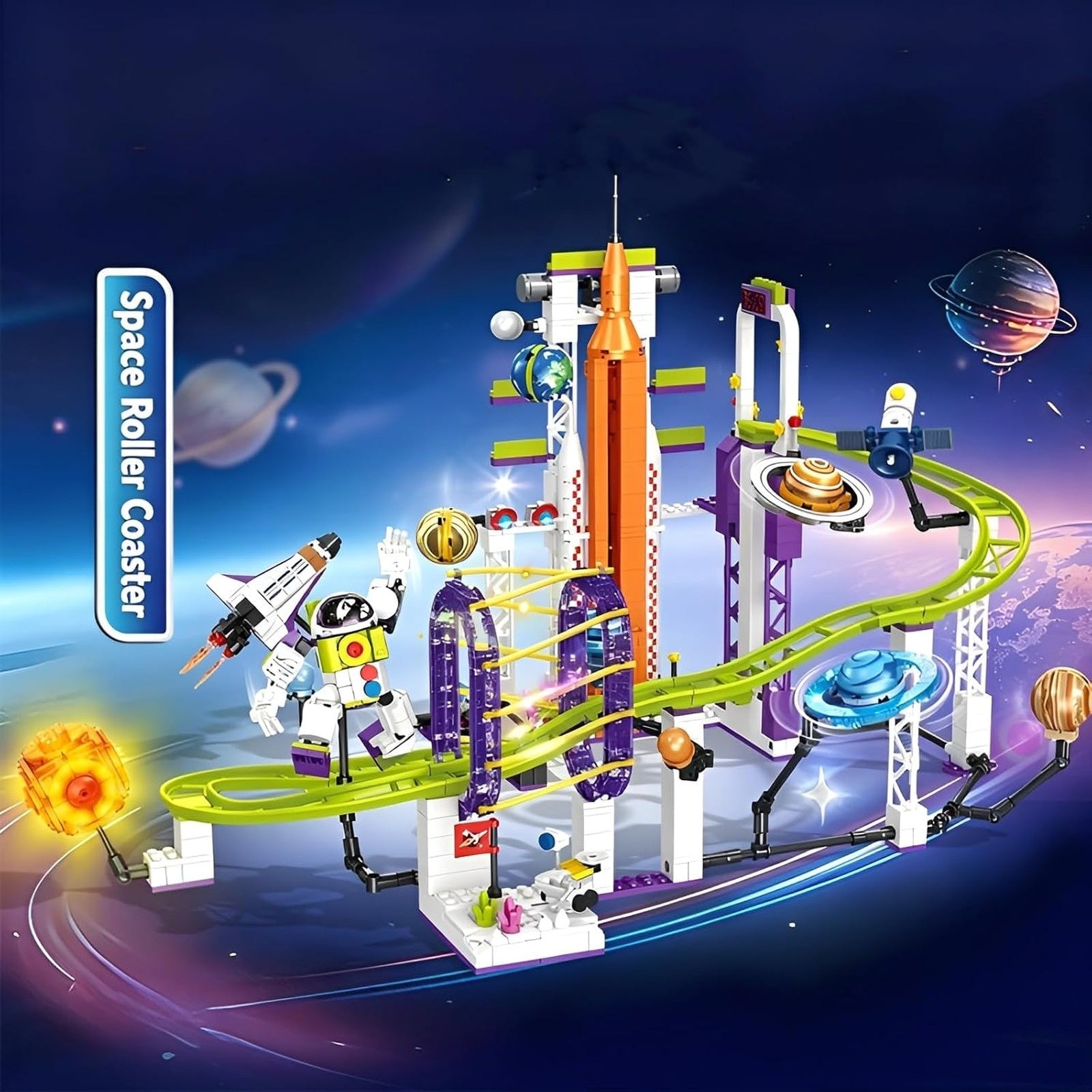 Orbital Adventure Space Roller Coaster space-themed display scene