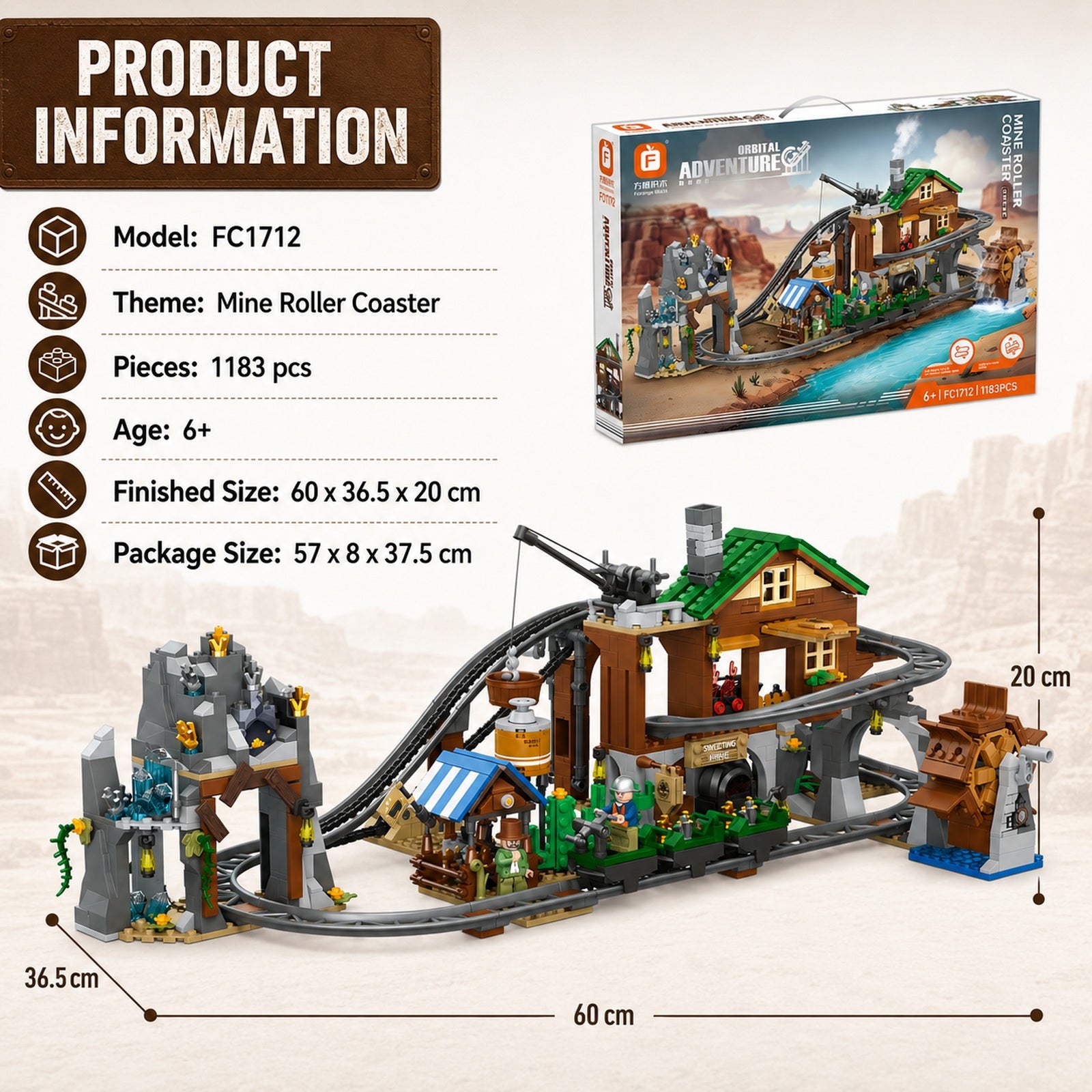 Orbital Adventure Mine Roller Coaster product information and finished size details