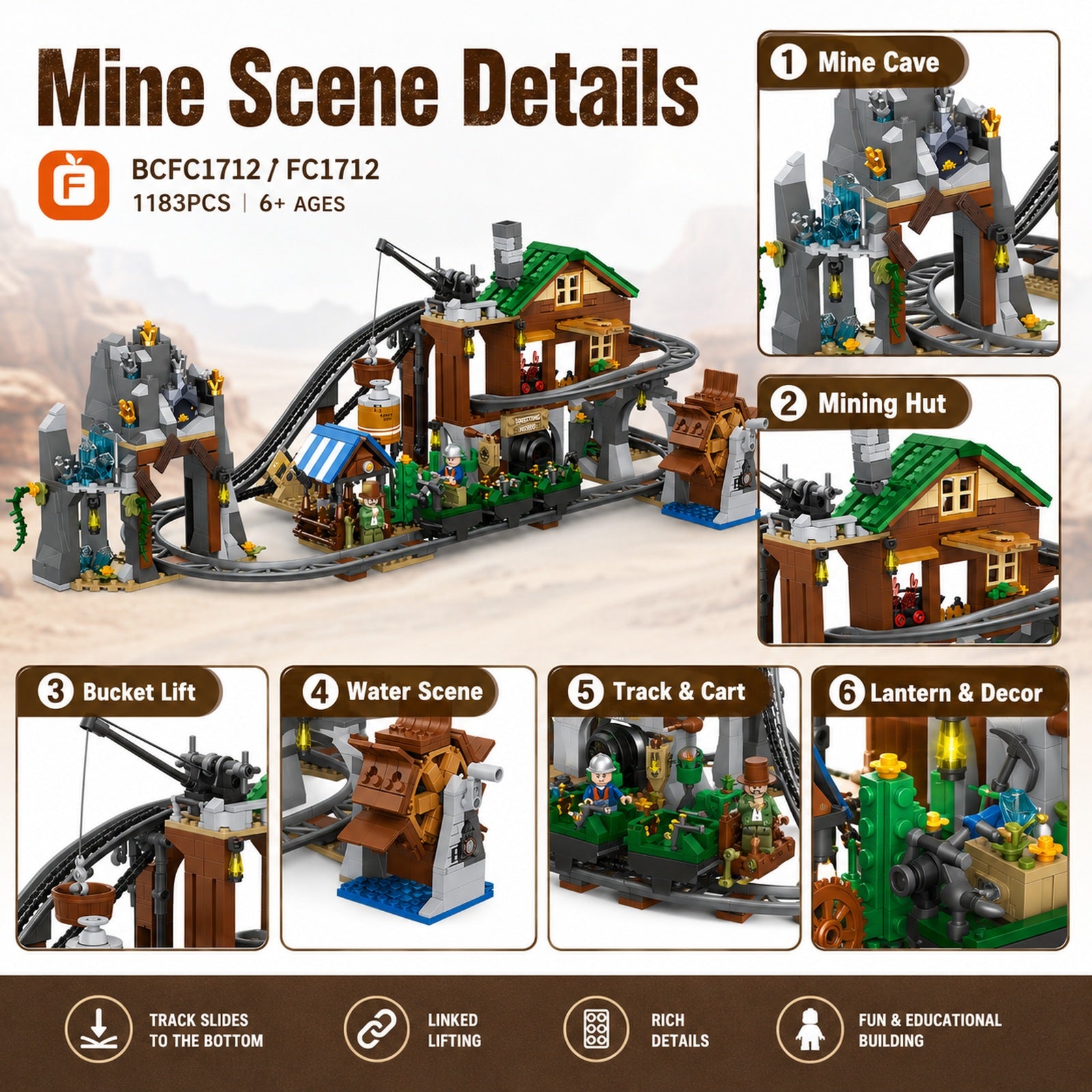 Orbital Adventure Mine Roller Coaster mine cave hut bucket lift water scene track and cart details