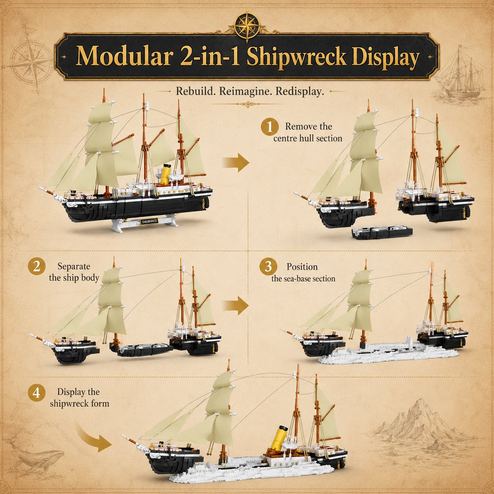 Endurance Sailing Ship modular 2-in-1 full ship and shipwreck display form