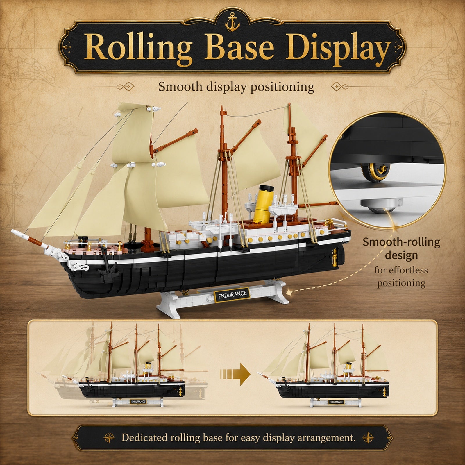 Endurance Sailing Ship rolling base display feature for smooth display positioning