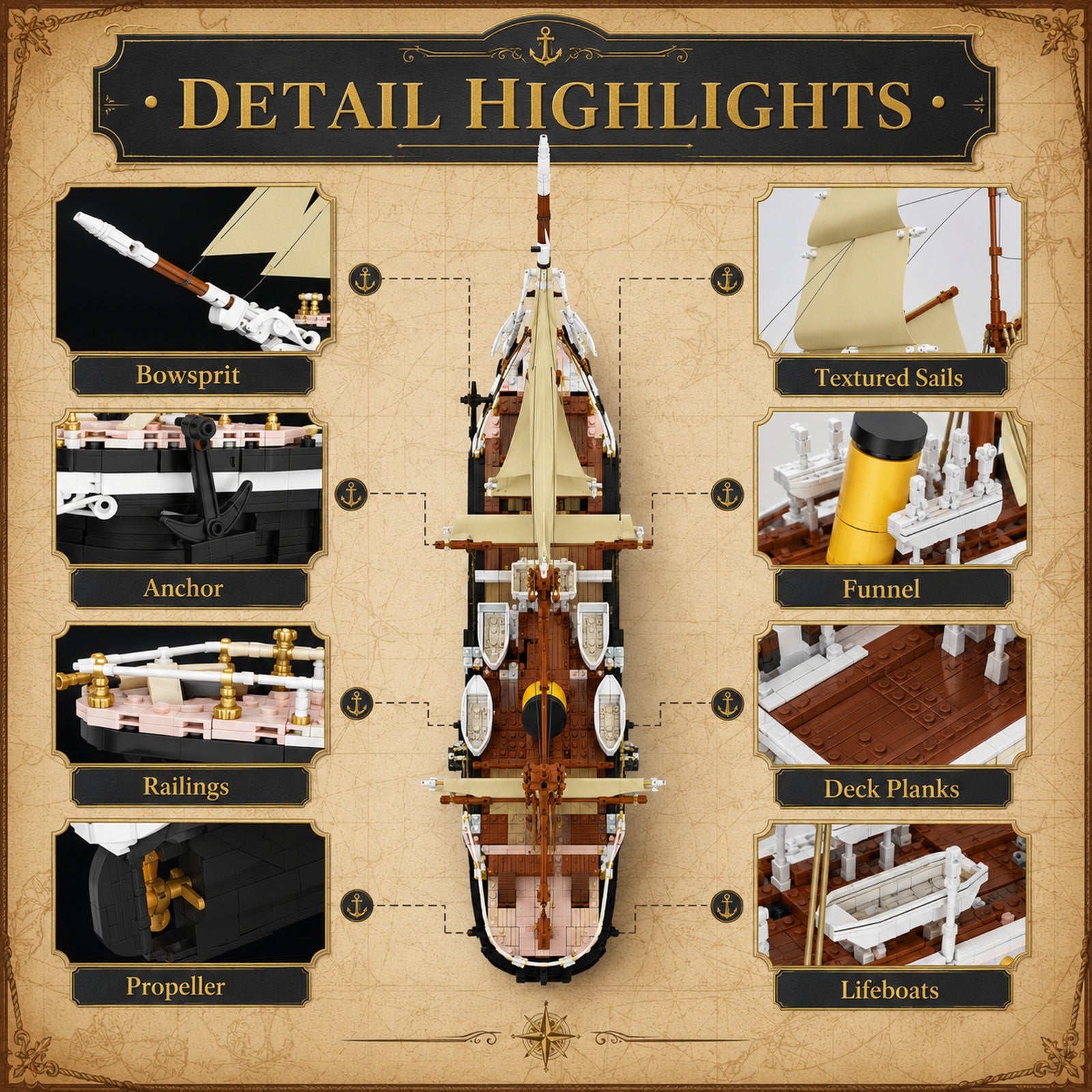 Endurance Sailing Ship detail highlights showing sails deck lifeboats funnel railings and anchor