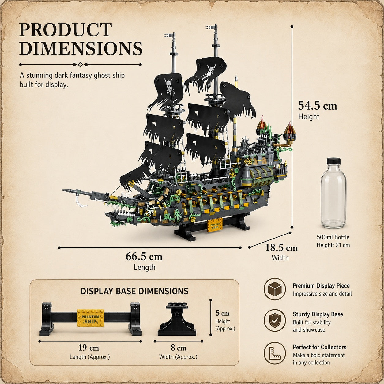 Flying Dutchman Dark Fantasy Ghost Ship product dimensions and display base size information