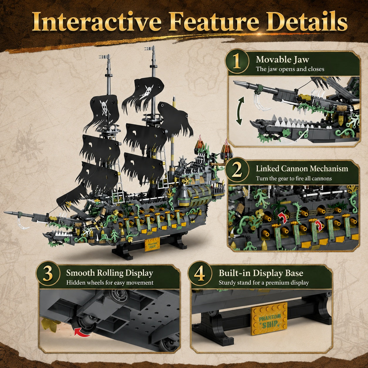 Flying Dutchman Dark Fantasy Ghost Ship movable jaw linked cannon and built-in base feature details