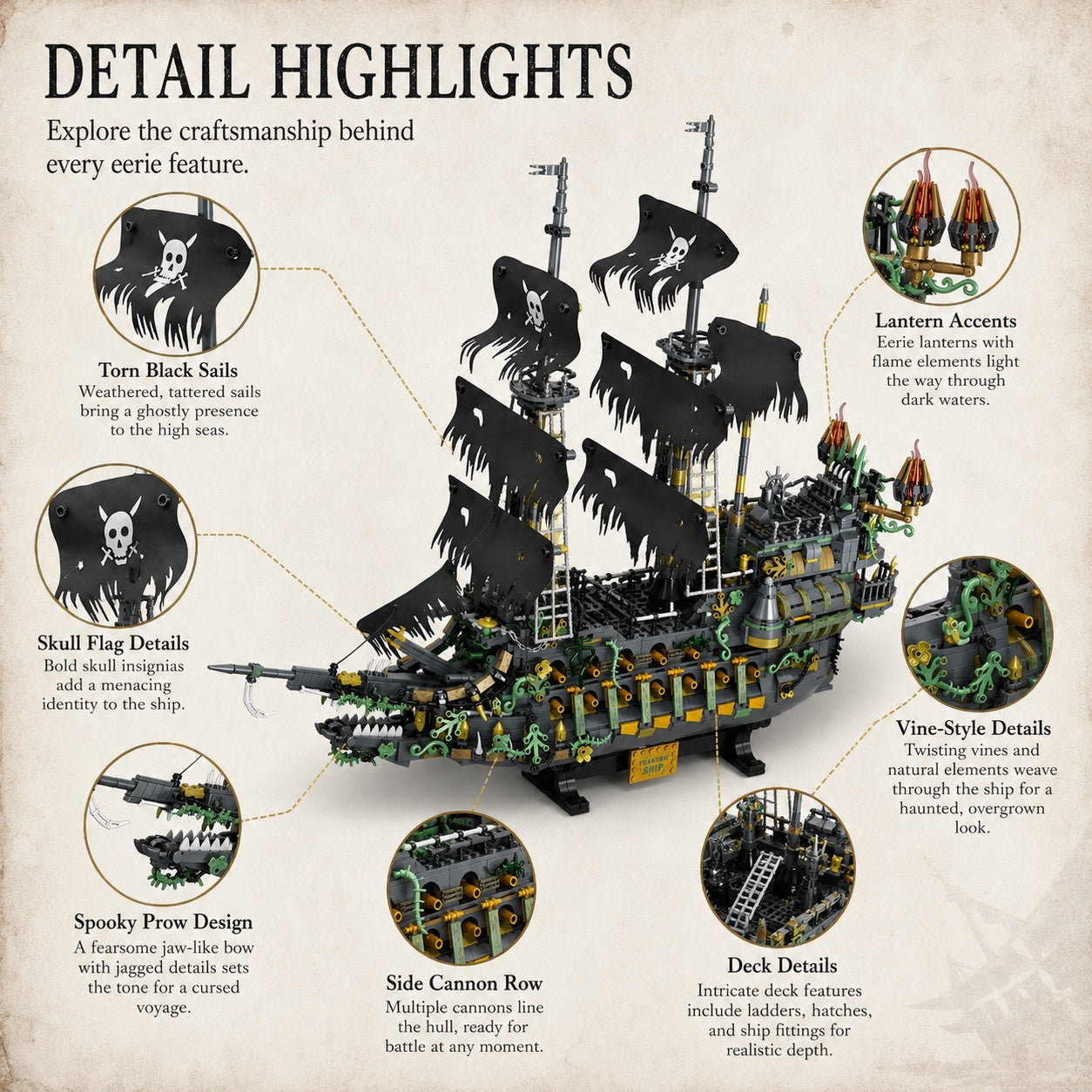 Flying Dutchman Dark Fantasy Ghost Ship torn black sails skull flag lantern vine cannon and deck details