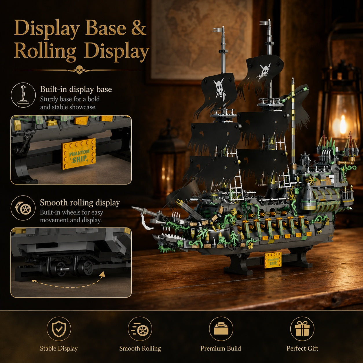 Flying Dutchman Dark Fantasy Ghost Ship display base and smooth rolling display feature