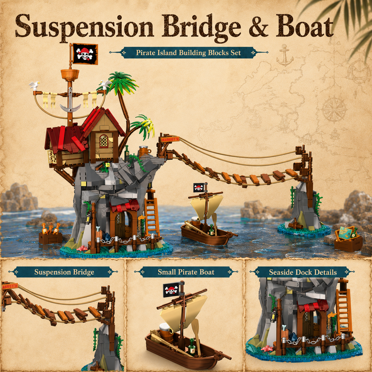 Cliffside Broken Mast Cabin suspension bridge and small boat feature