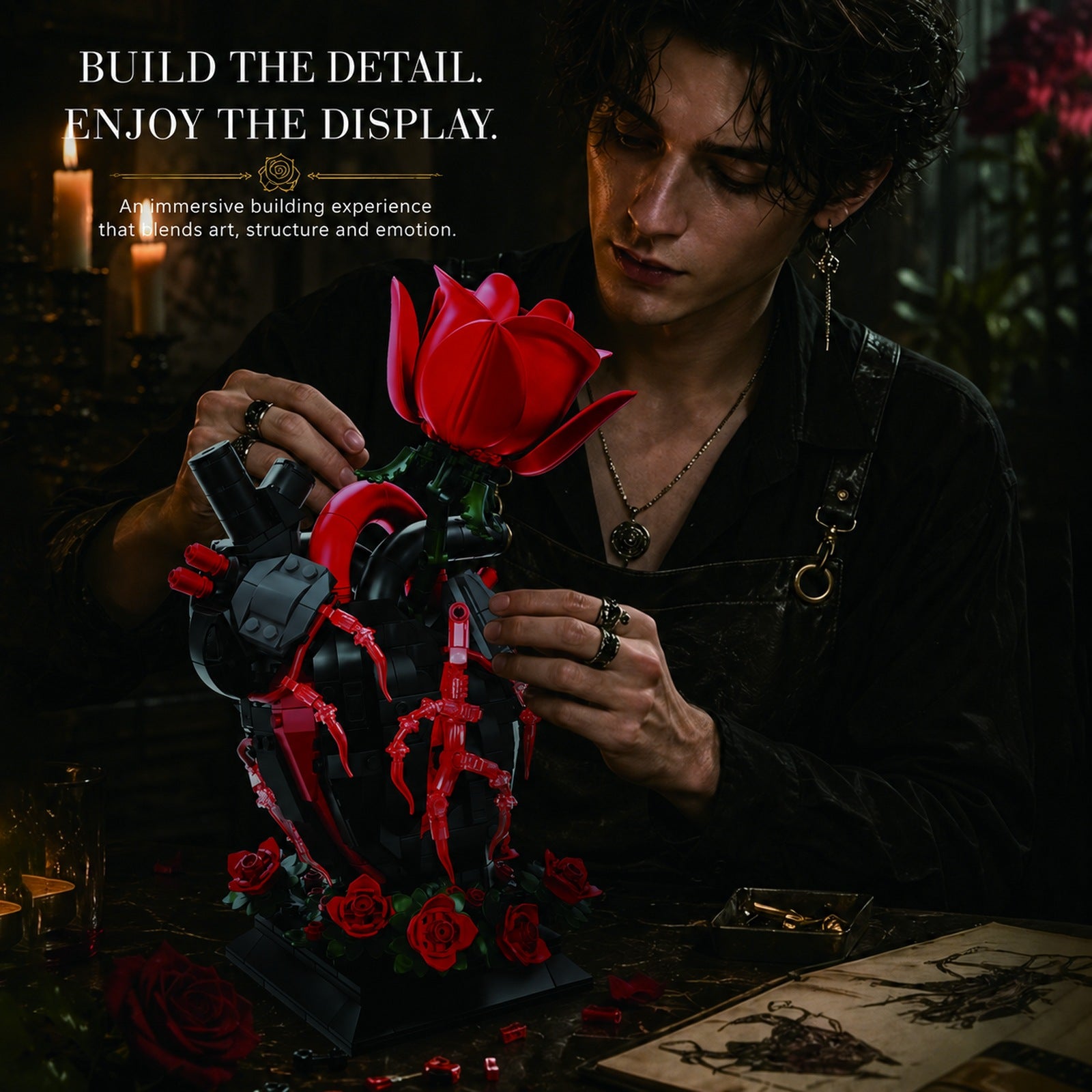 Gothic Anatomical Heart & Rose Building Block Display Set - assembly lifestyle scene
