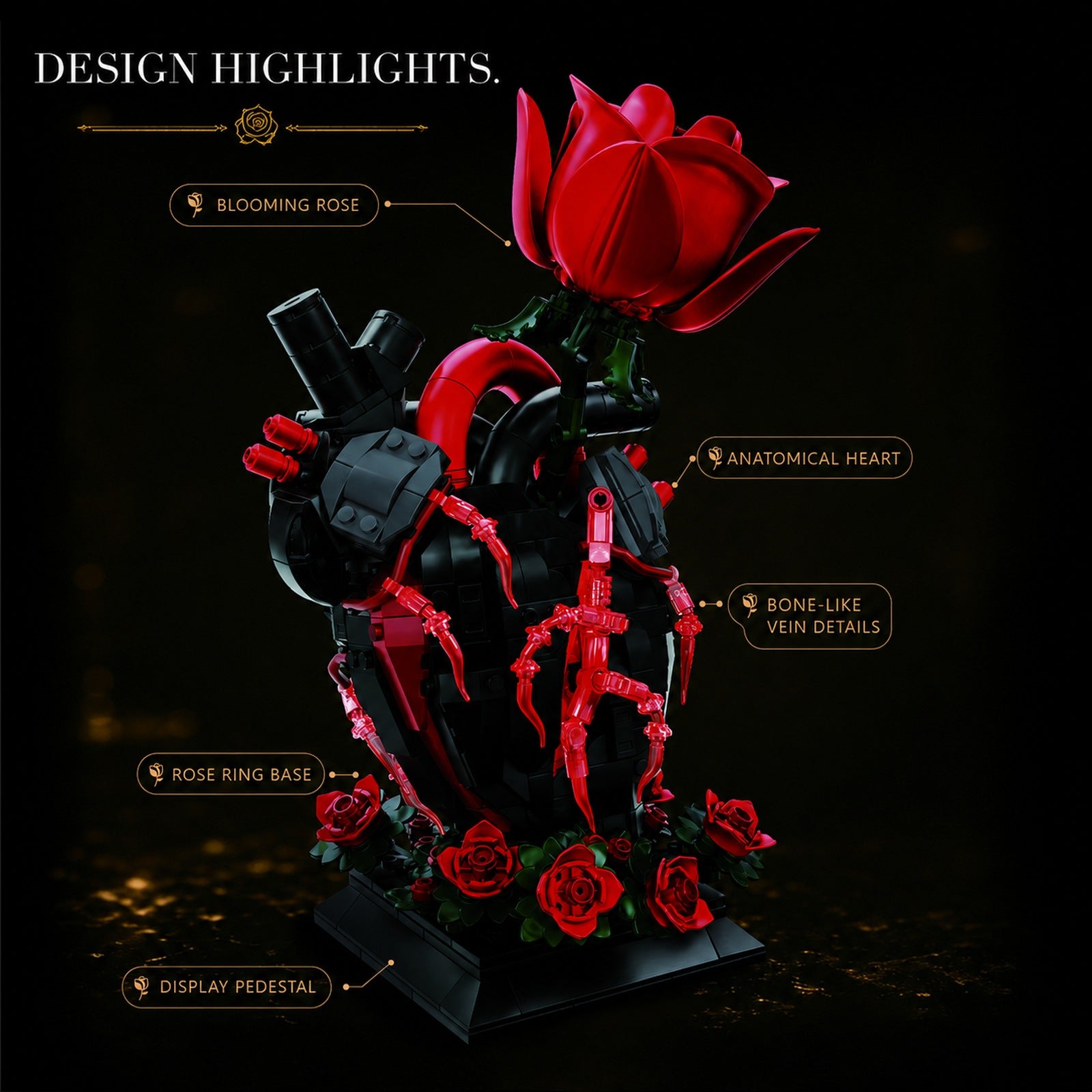 Gothic Anatomical Heart & Rose Building Block Display Set - design highlights graphic