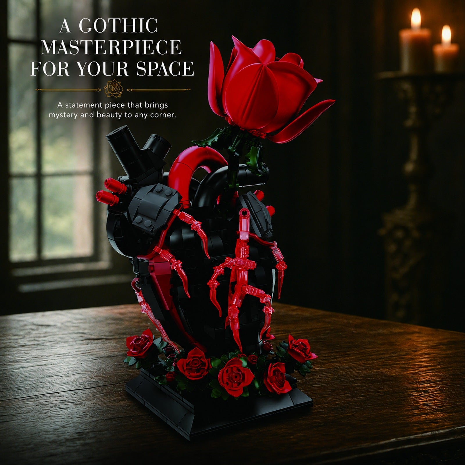 Gothic Anatomical Heart & Rose Building Block Display Set - styled home decor display