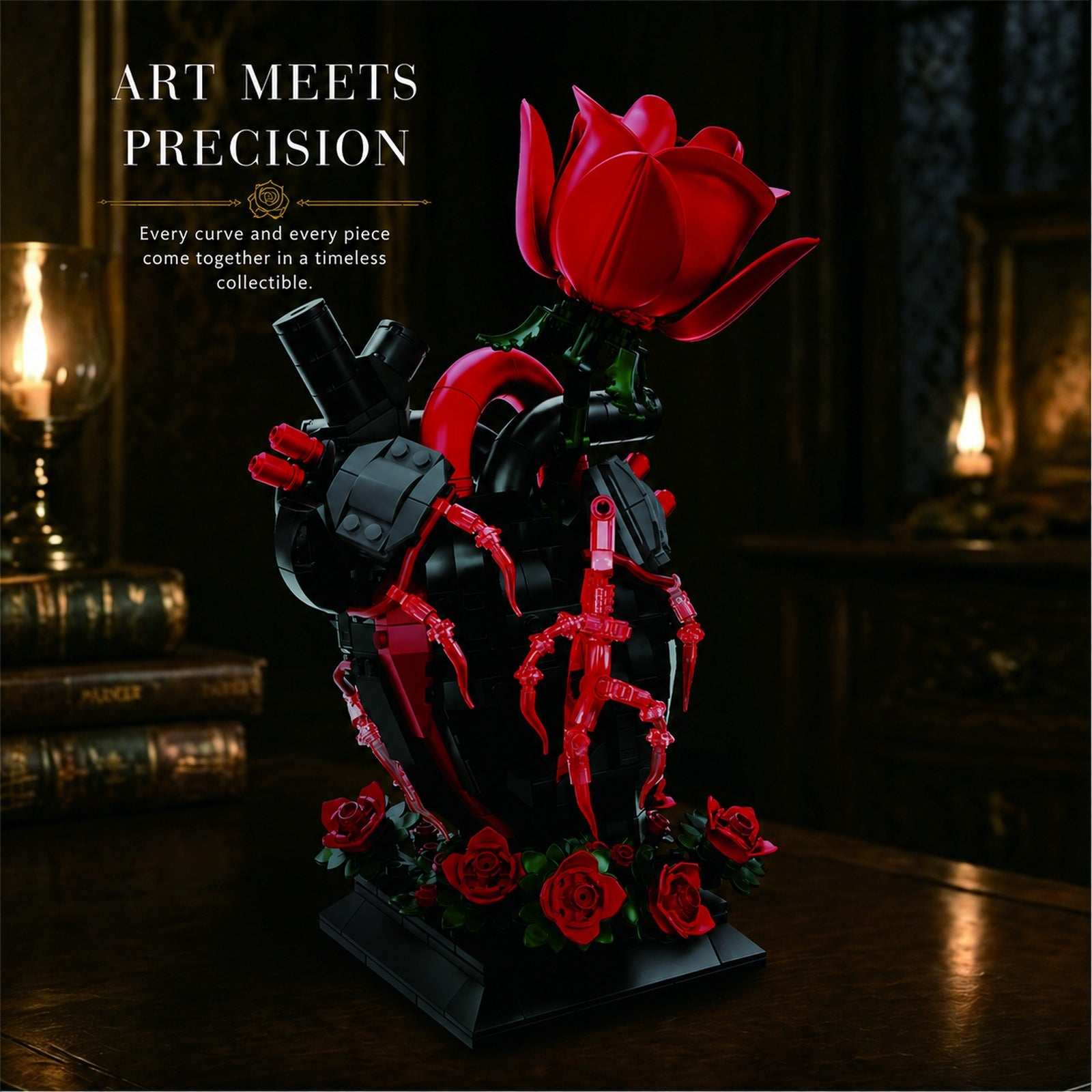 Gothic Anatomical Heart & Rose Building Block Display Set - close-up detail view