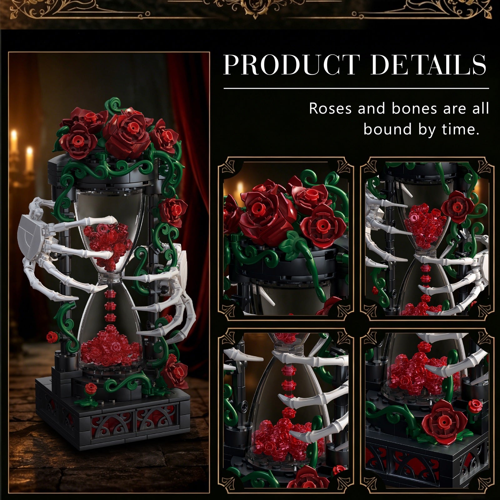 Gothic Eternal Hourglass Building Block Display Set - close-up detail view