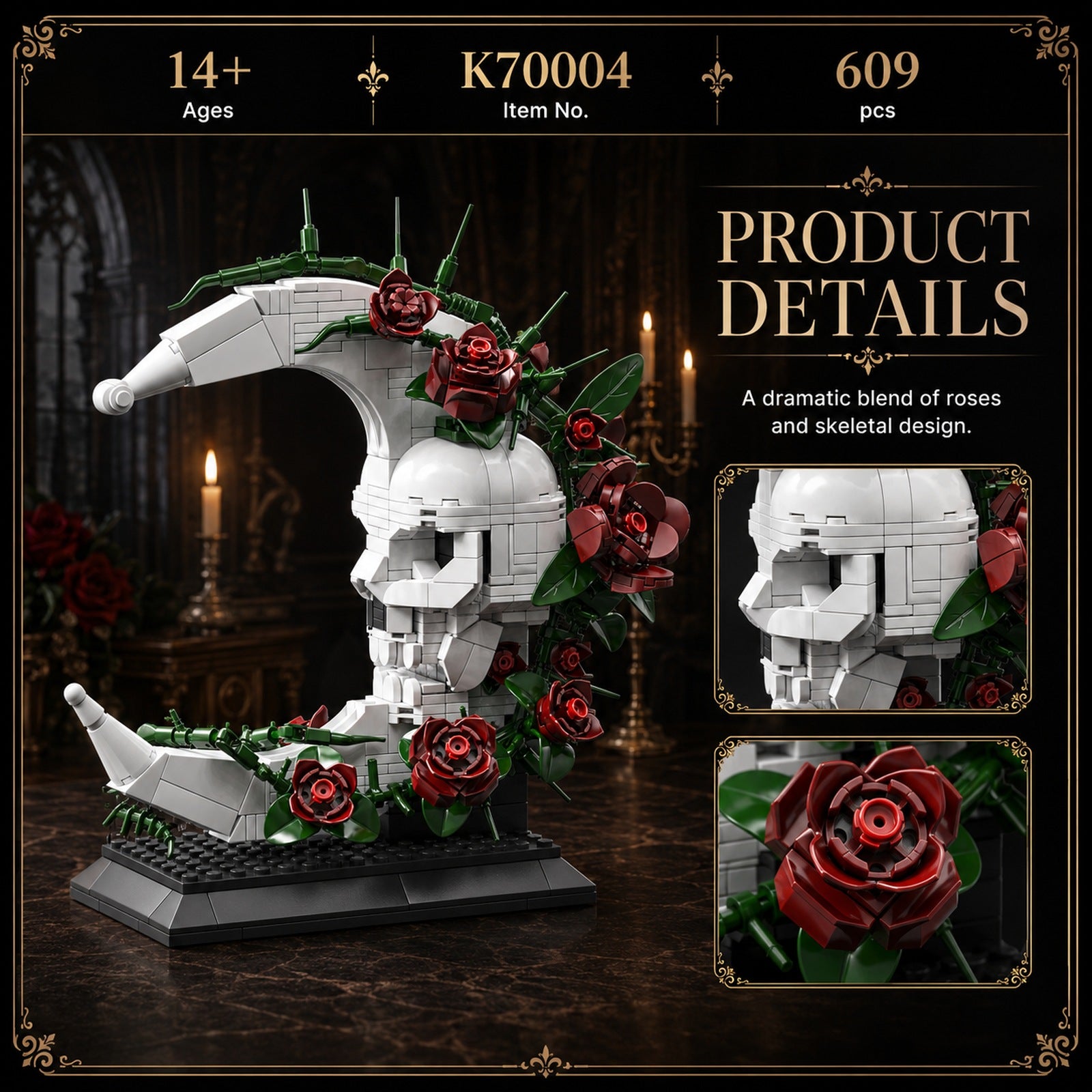 Gothic Rose Skull Moon Building Block Display Set - close-up detail view