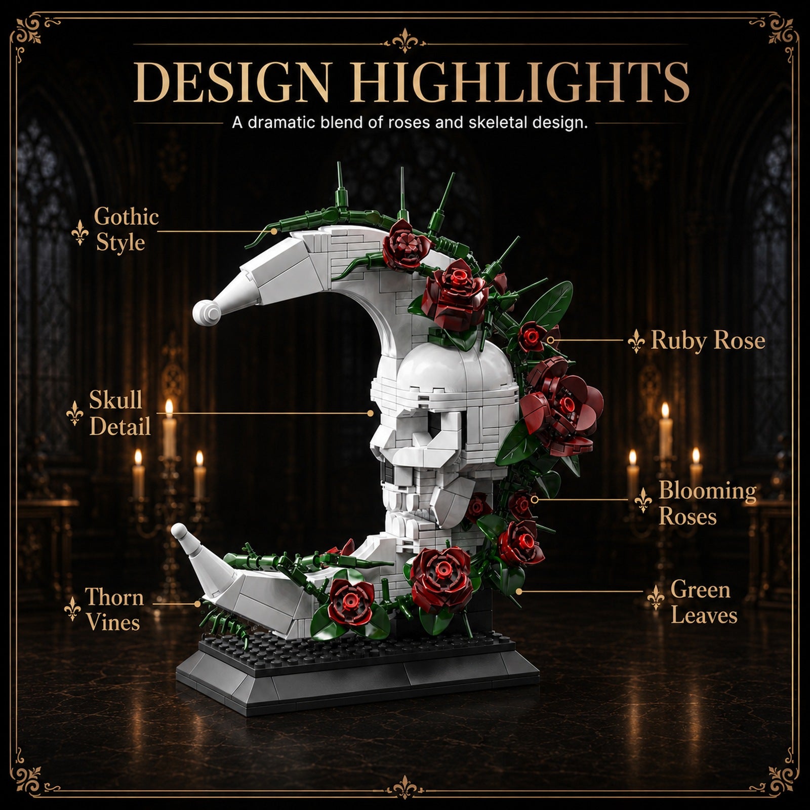 Gothic Rose Skull Moon Building Block Display Set - design highlights graphic