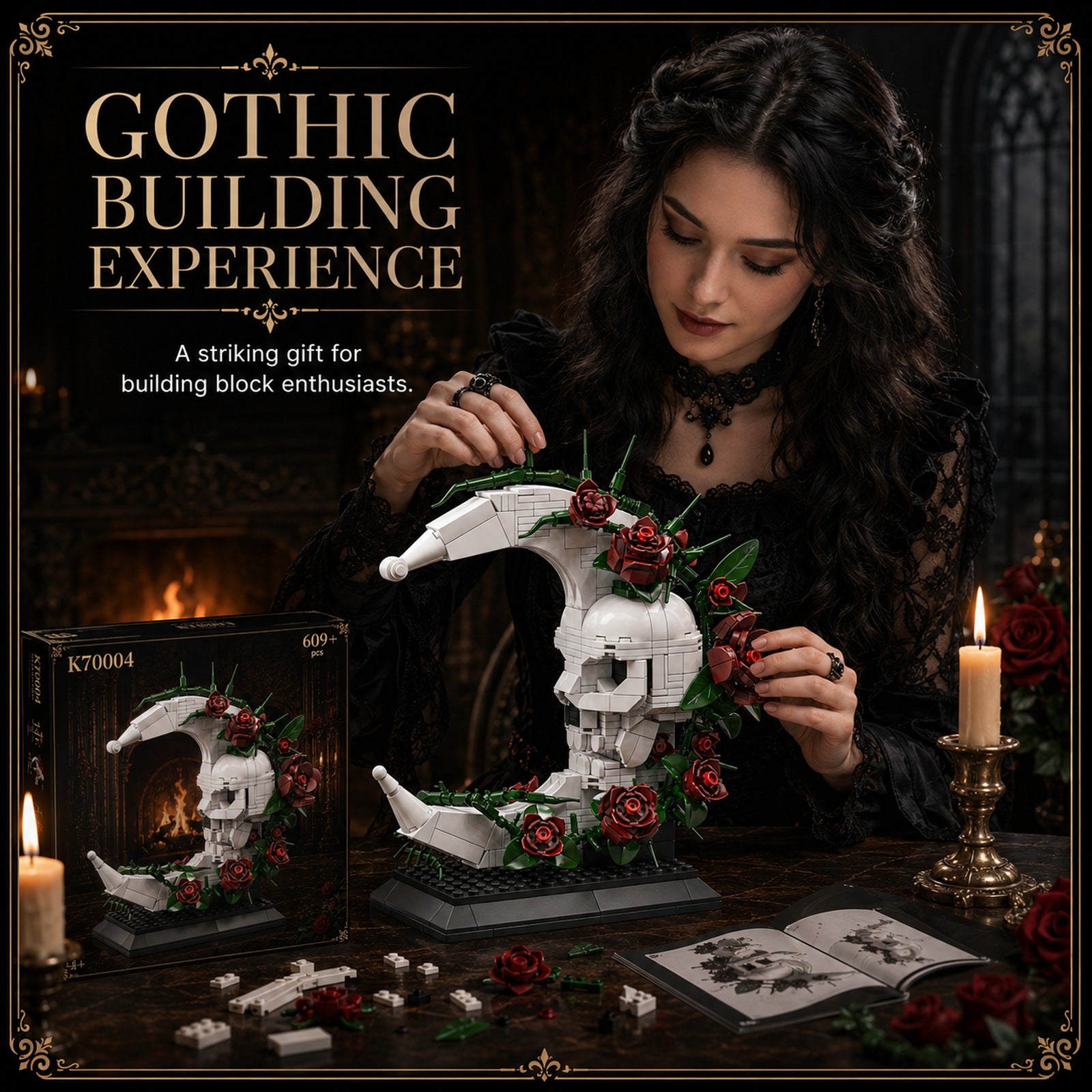 Gothic Rose Skull Moon Building Block Display Set - assembly lifestyle scene