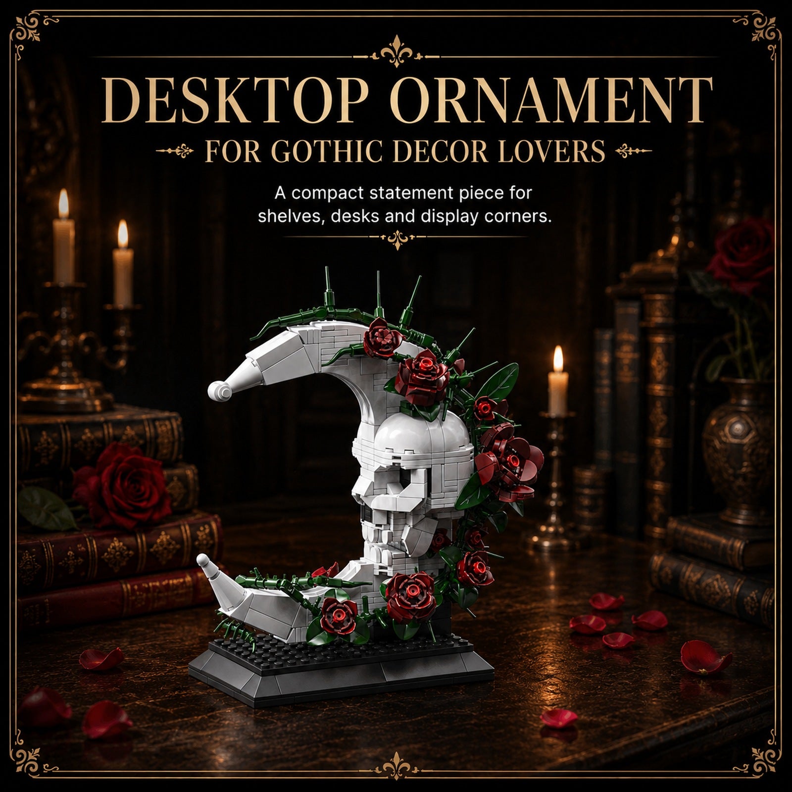 Gothic Rose Skull Moon Building Block Display Set - styled home decor display