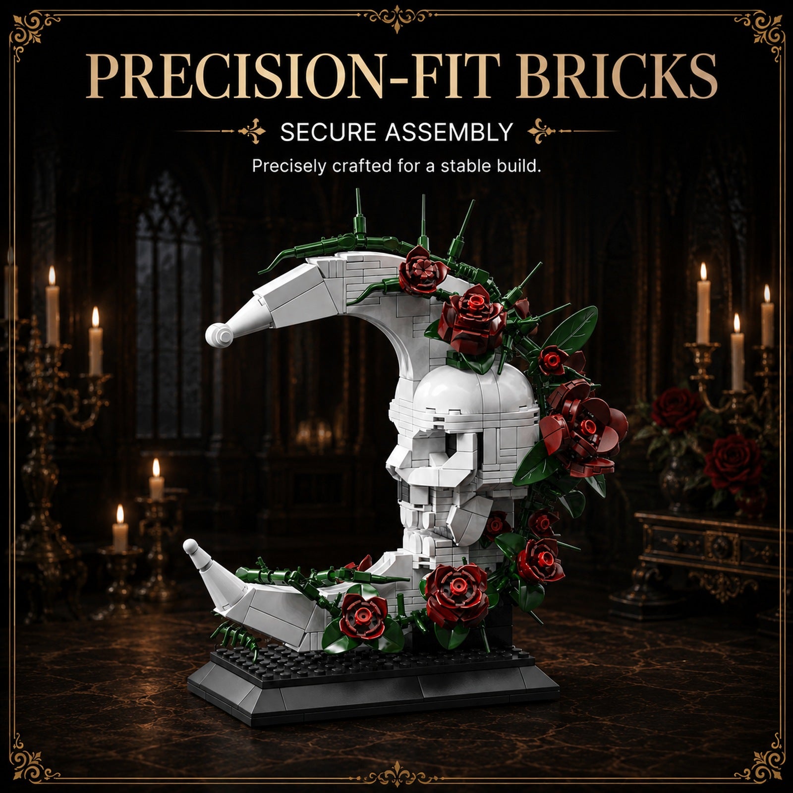 Gothic Rose Skull Moon Building Block Display Set - close-up detail view