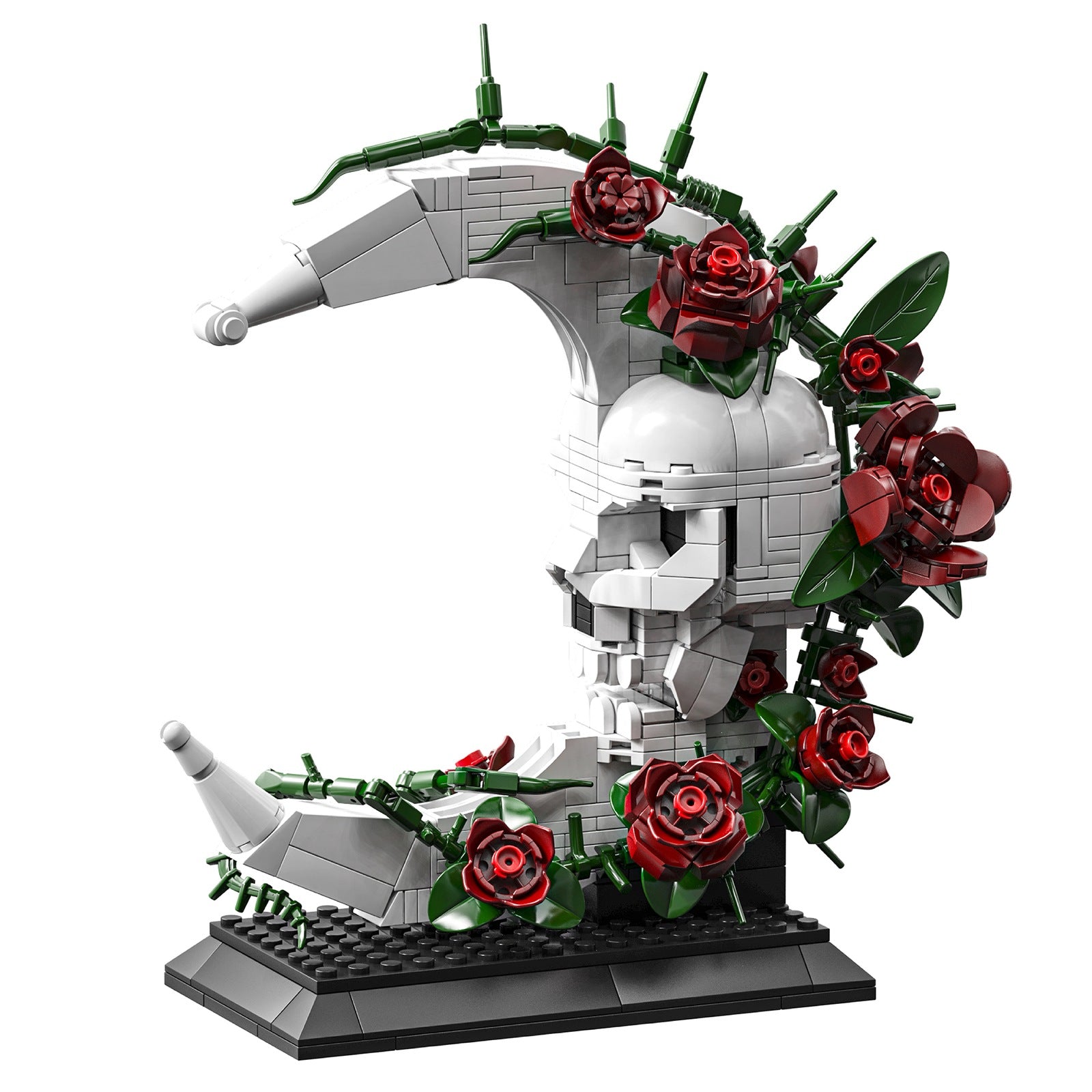 Gothic Rose Skull Moon Building Block Display Set - product cutout on a clean background