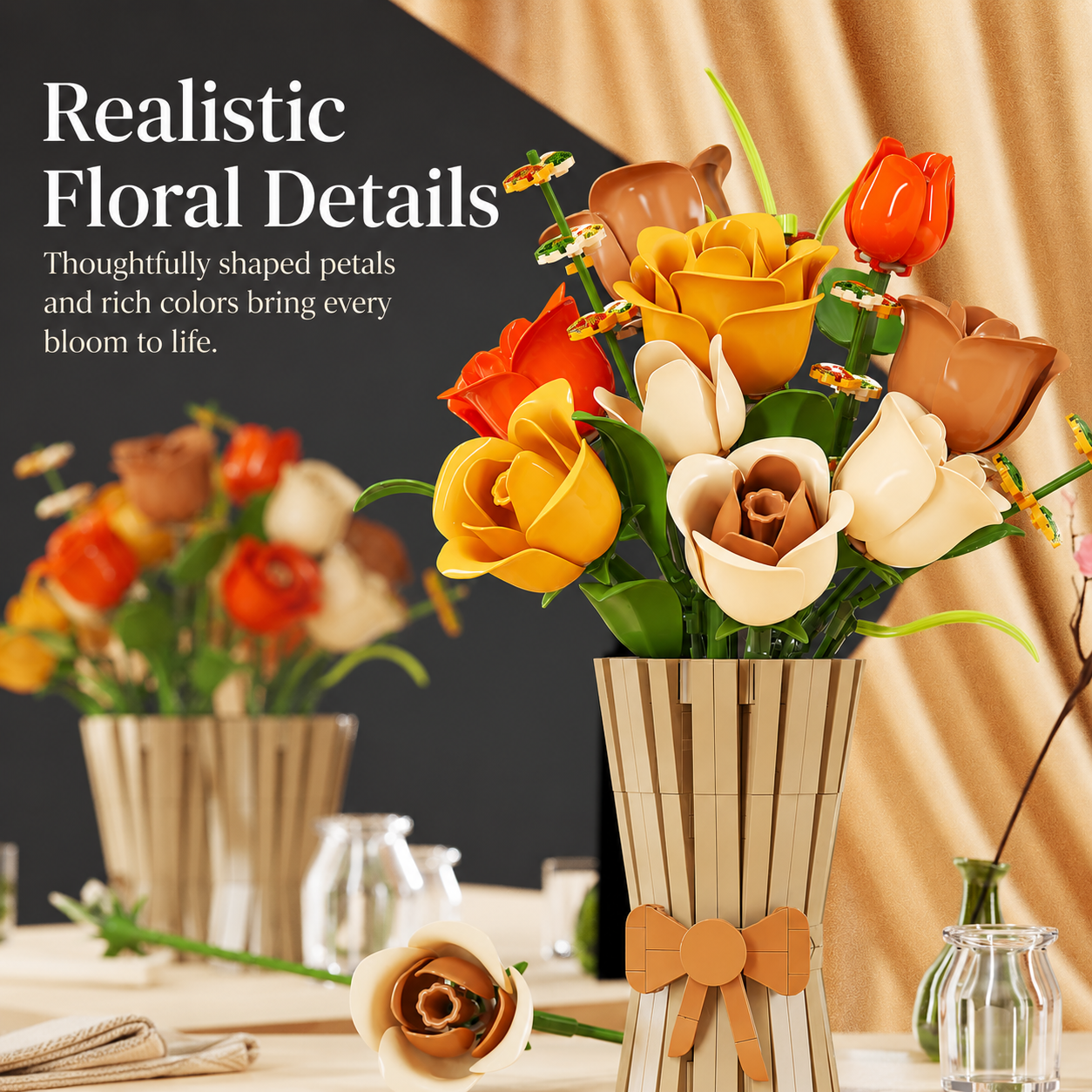 Autumn Rose Building Blocks Bouquet – Decorative Flower Arrangement Set with Vase - realistic detail view