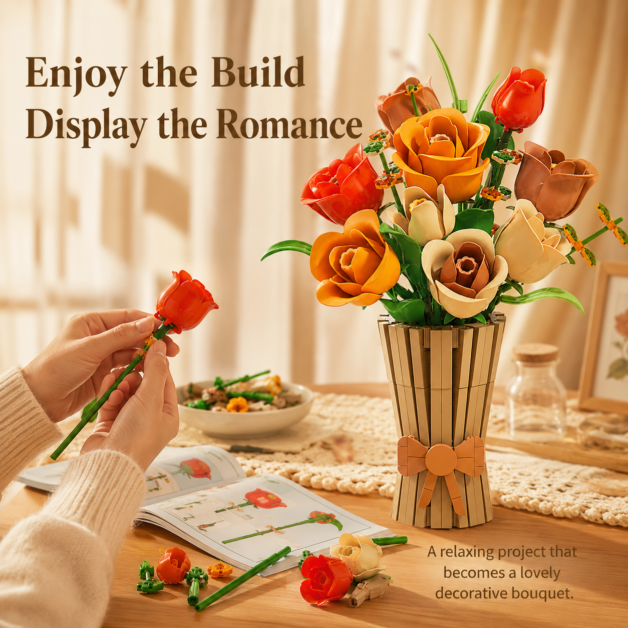 Autumn Rose Building Blocks Bouquet – Decorative Flower Arrangement Set with Vase - build and display feature image