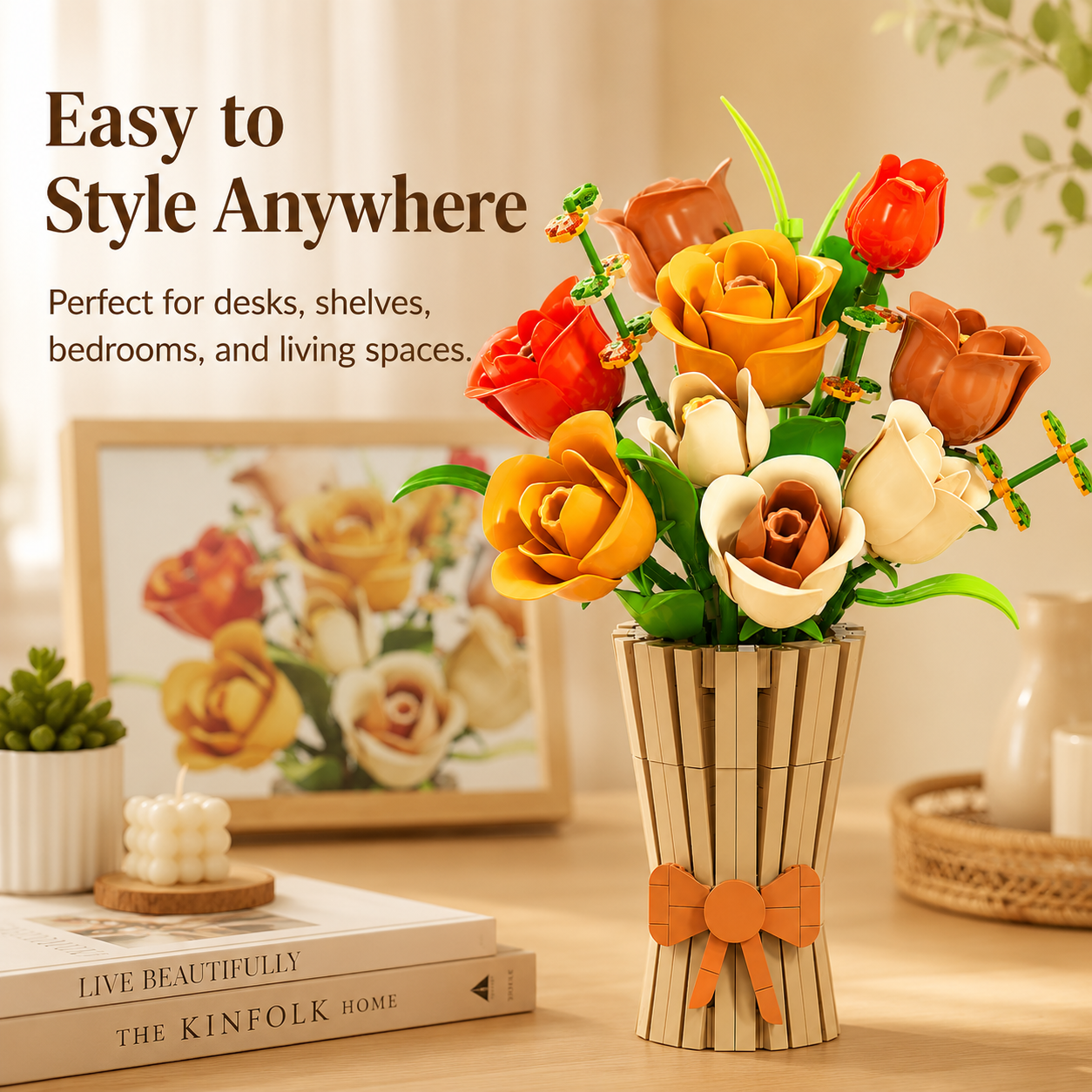 Autumn Rose Building Blocks Bouquet – Decorative Flower Arrangement Set with Vase - styled home decor display