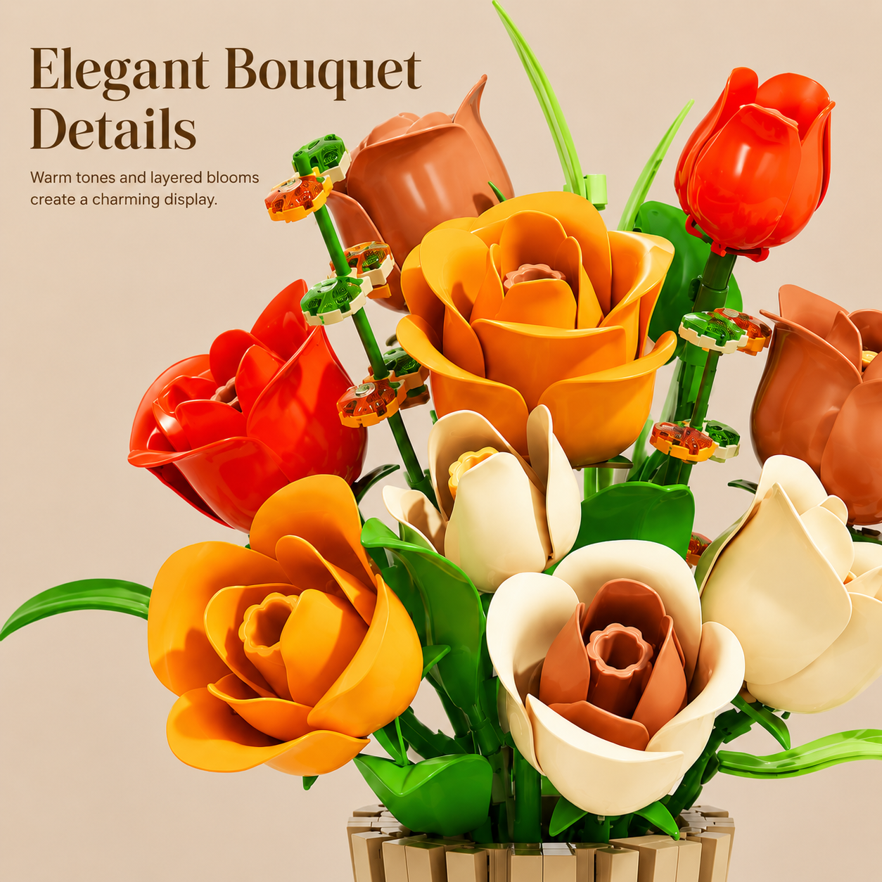 Autumn Rose Building Blocks Bouquet – Decorative Flower Arrangement Set with Vase - close-up detail view