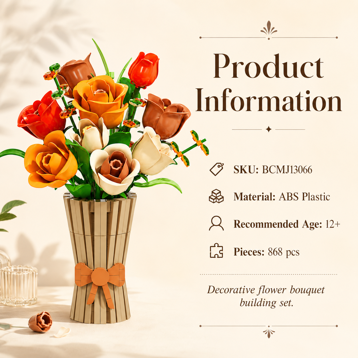 Autumn Rose Building Blocks Bouquet – Decorative Flower Arrangement Set with Vase - product information graphic