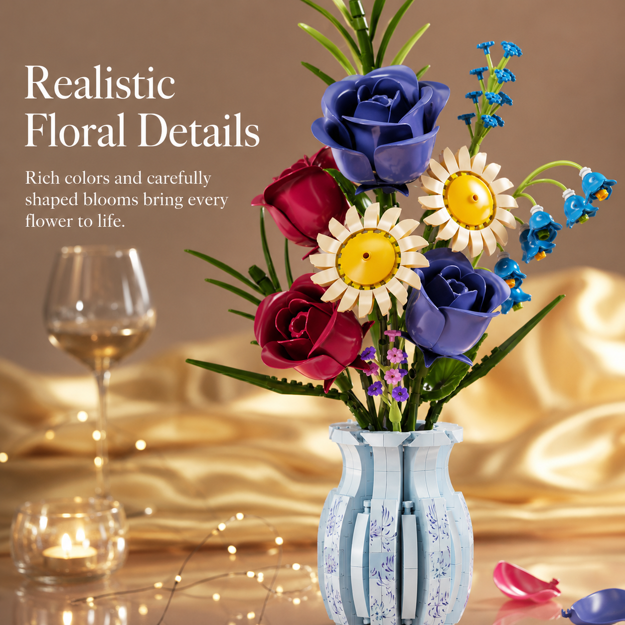 Bunch of Flowers Building Blocks Bouquet – DIY Floral Display Set with Vase - realistic detail view