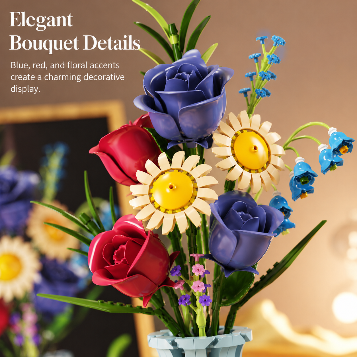 Bunch of Flowers Building Blocks Bouquet – DIY Floral Display Set with Vase - close-up detail view