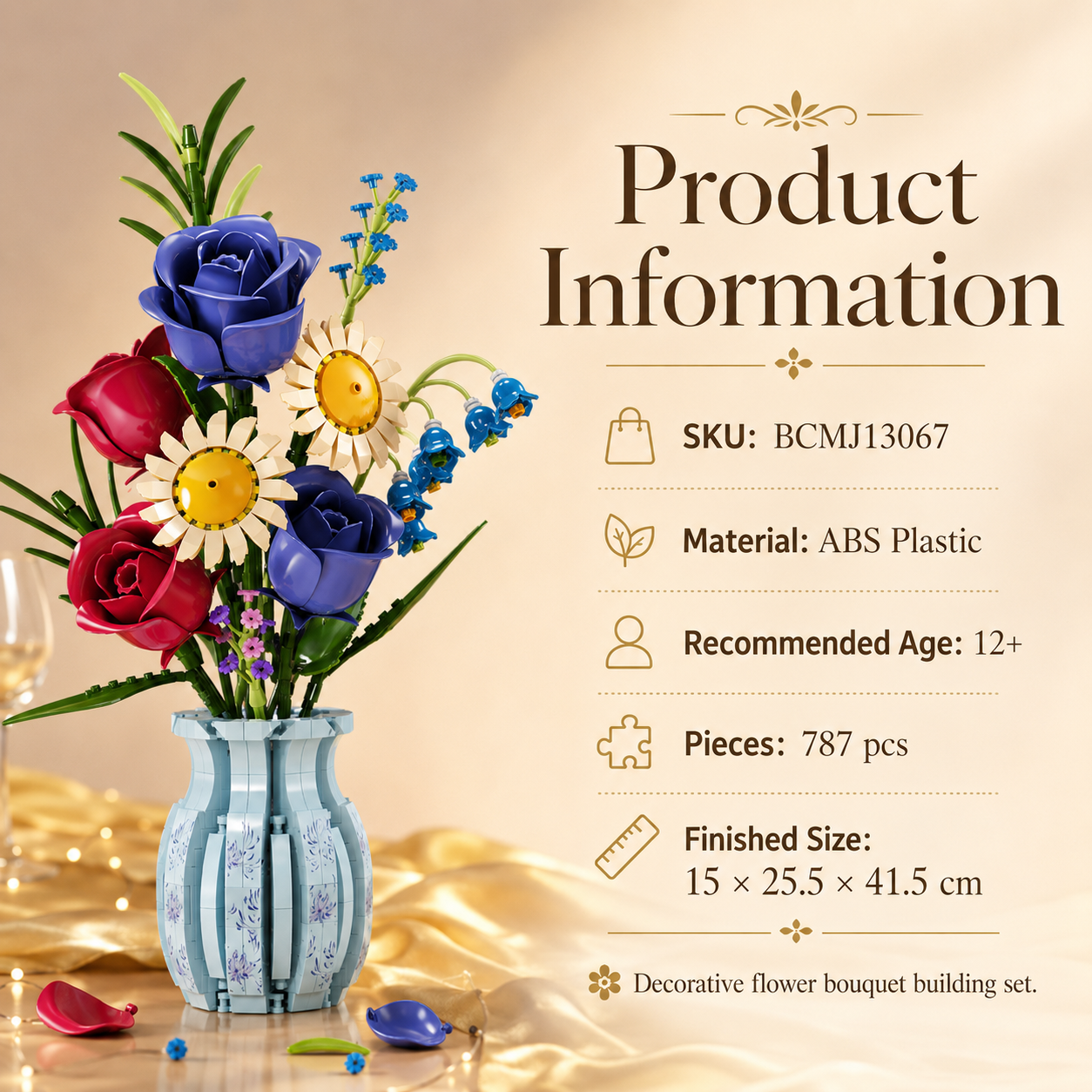 Bunch of Flowers Building Blocks Bouquet – DIY Floral Display Set with Vase - product information graphic